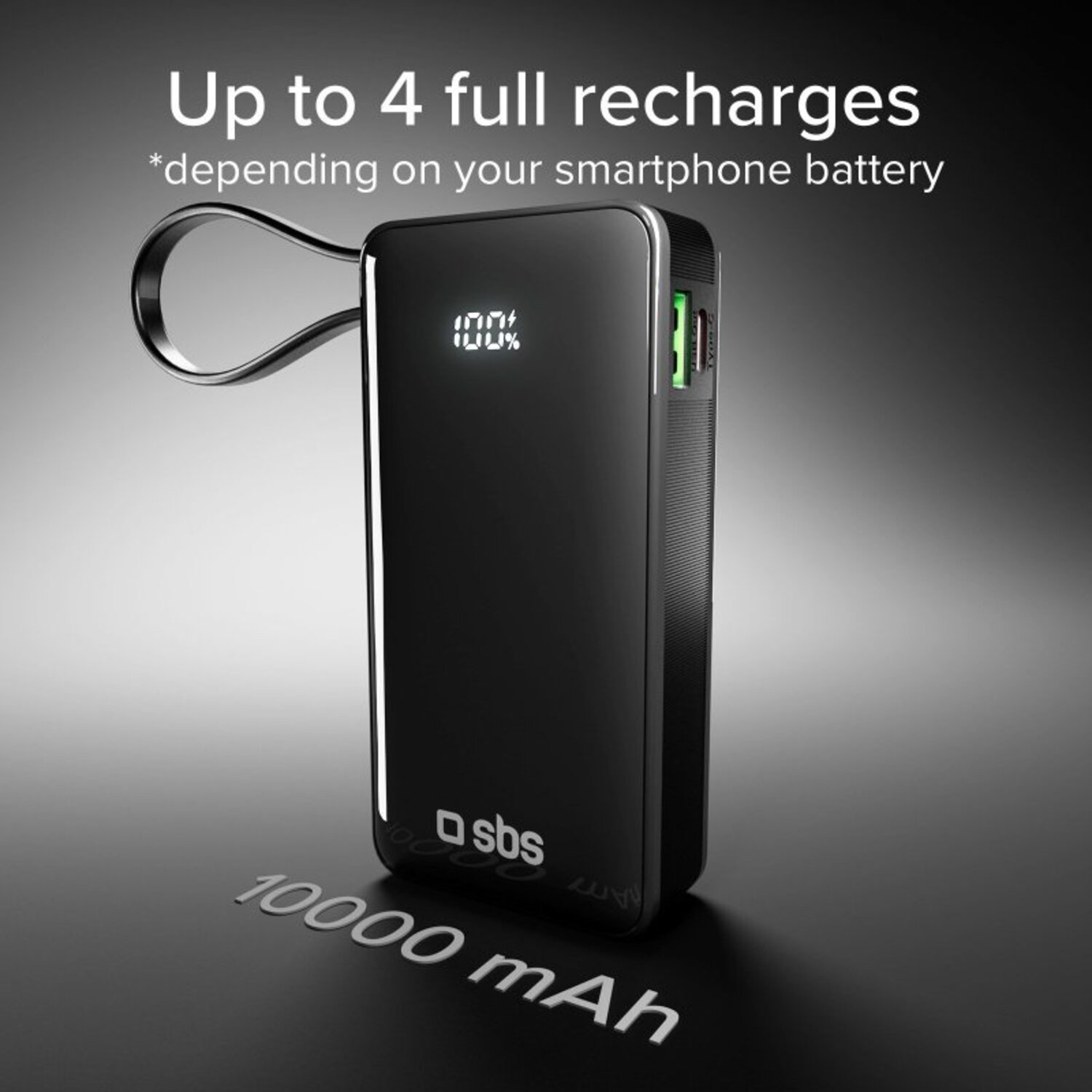 Batterie externe noire indiquant 100 % de charge, avec du texte indiquant qu'elle peut fournir jusqu'à 4 recharges complètes.