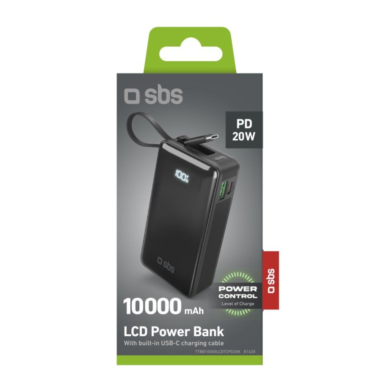 Une batterie externe noire avec un câble de chargement, sur une surface blanche. Texte: '10000 mAh'.
