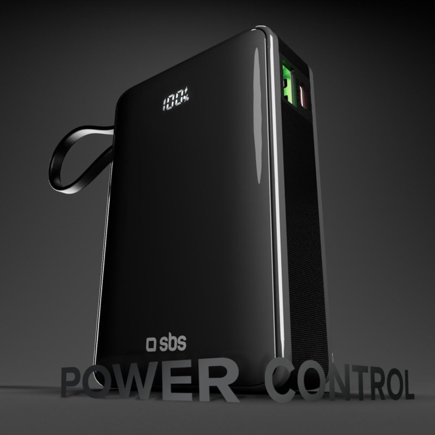 Batterie externe noire avec un affichage numérique indiquant 100 % et les mots Power Control.