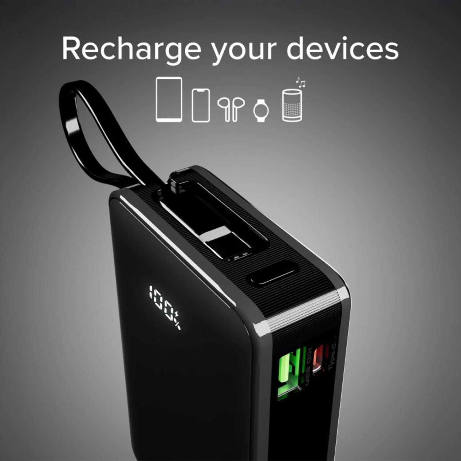 Batterie externe noire avec un écran numérique affichant une charge de 100 %.