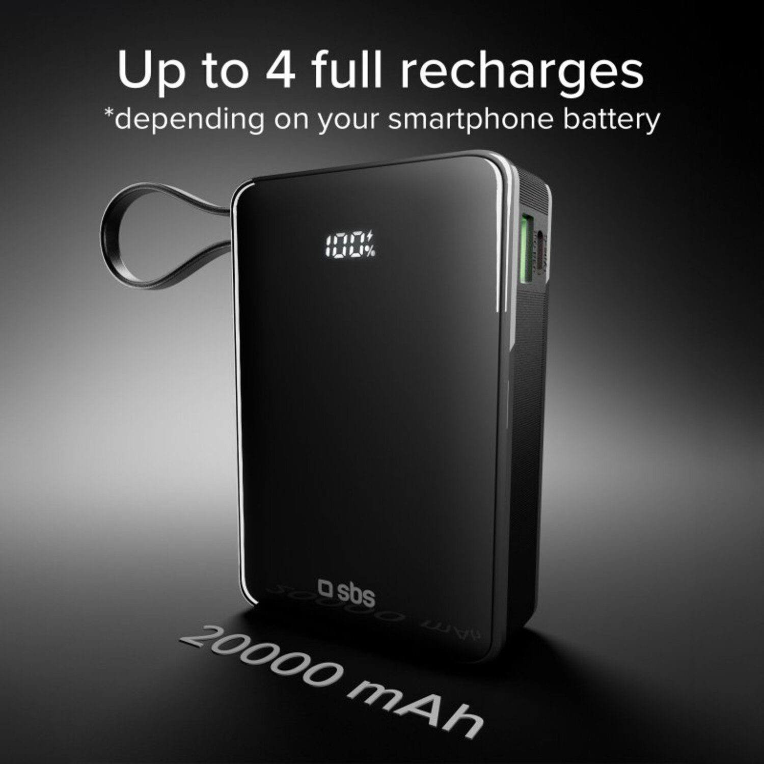 Une batterie externe noire affichant une charge de 100% et 20000 mAh.