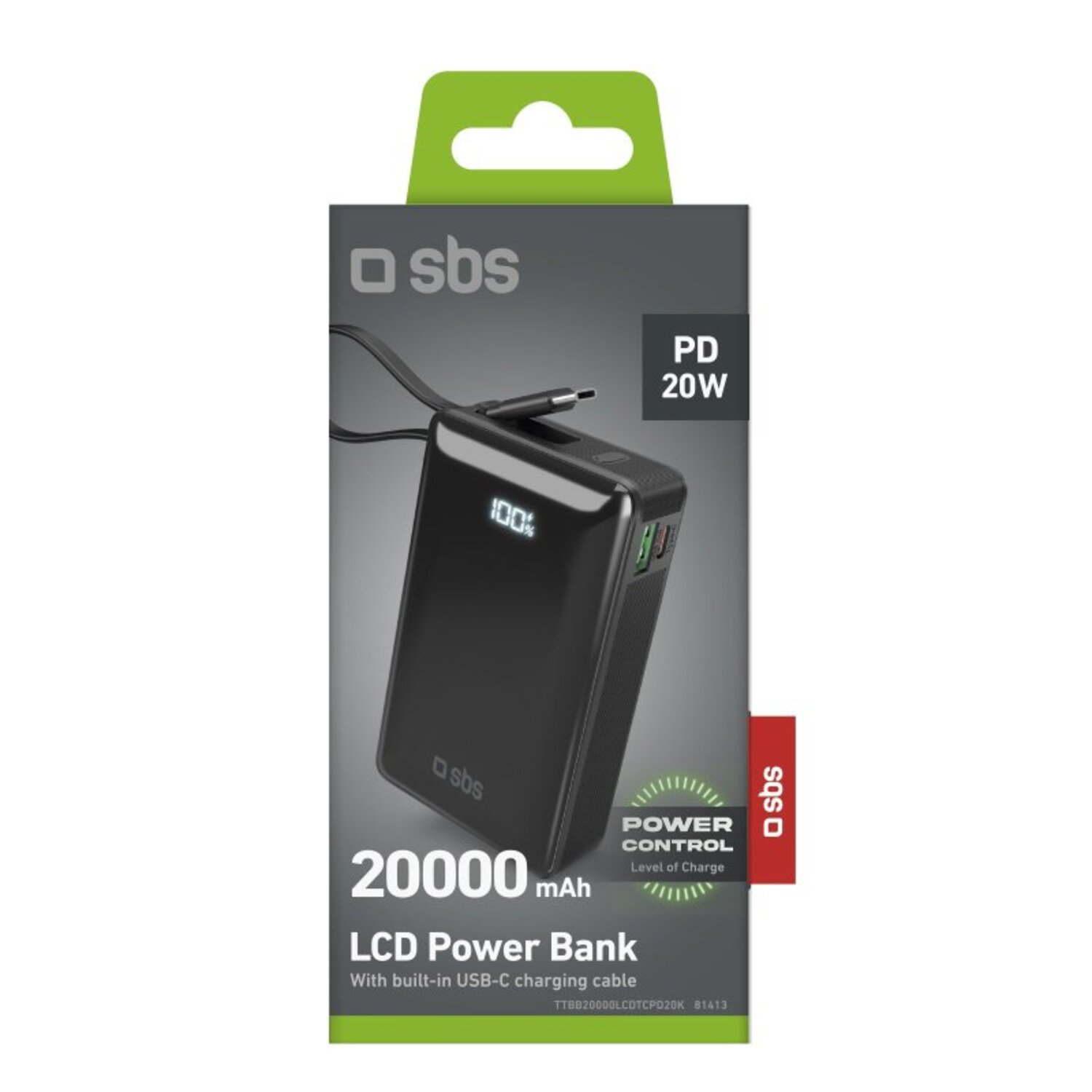 Batterie externe noire avec 20000 mAh et écran LCD. Câble USB-C attaché.