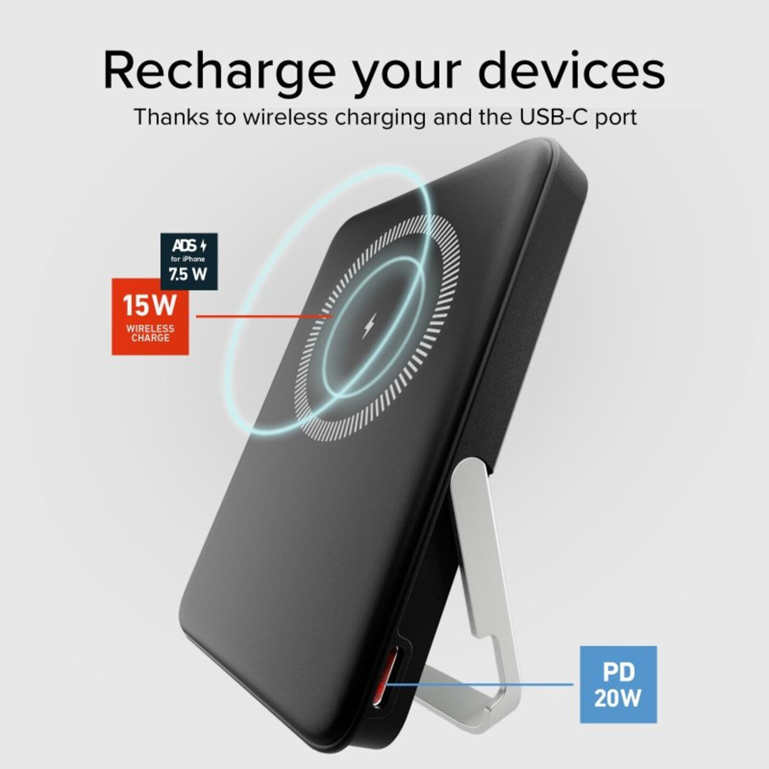 Chargeur sans fil noir avec support. Caractéristiques: charge sans fil 15W pour iPhone, port PD 20W. Fond blanc.