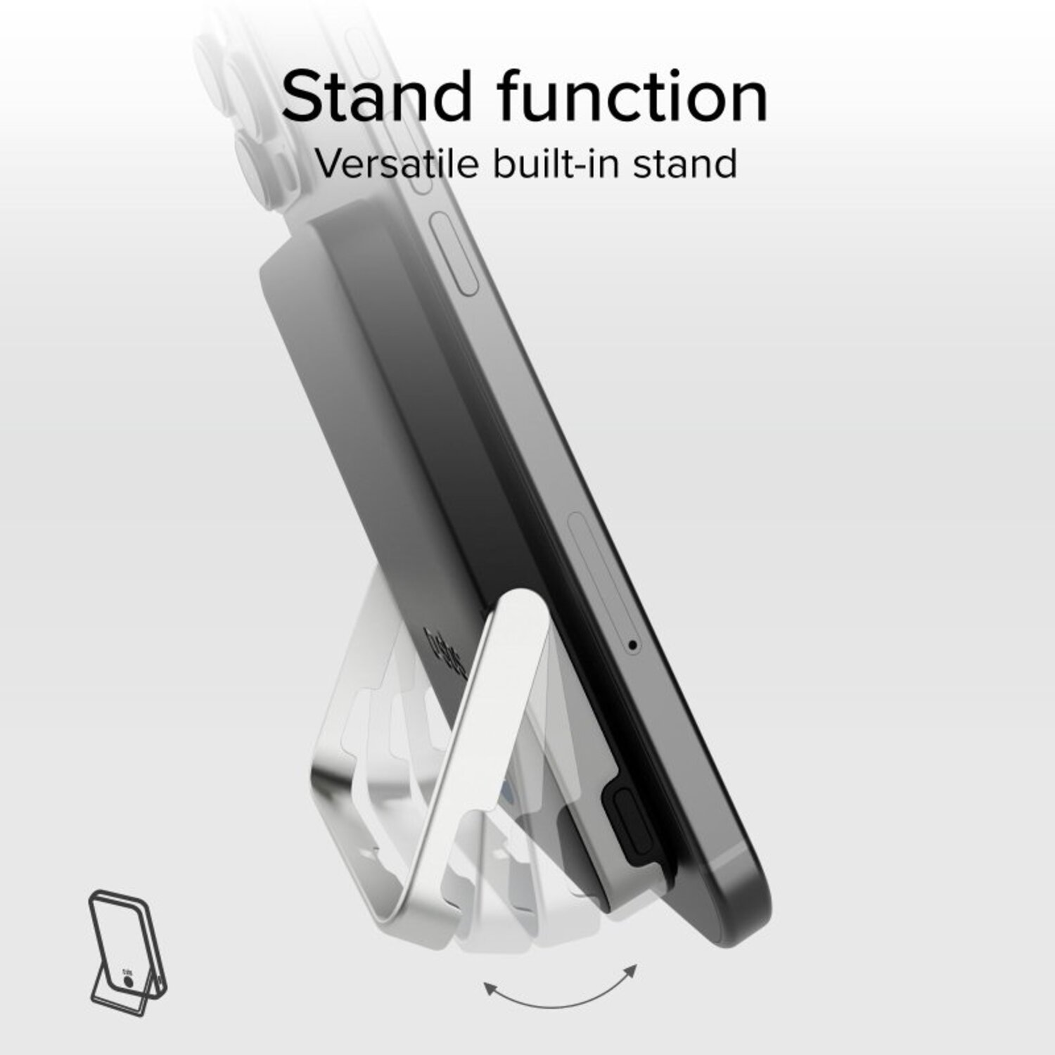 Un téléphone posé sur un support argenté, avec la fonction support écrite en haut.