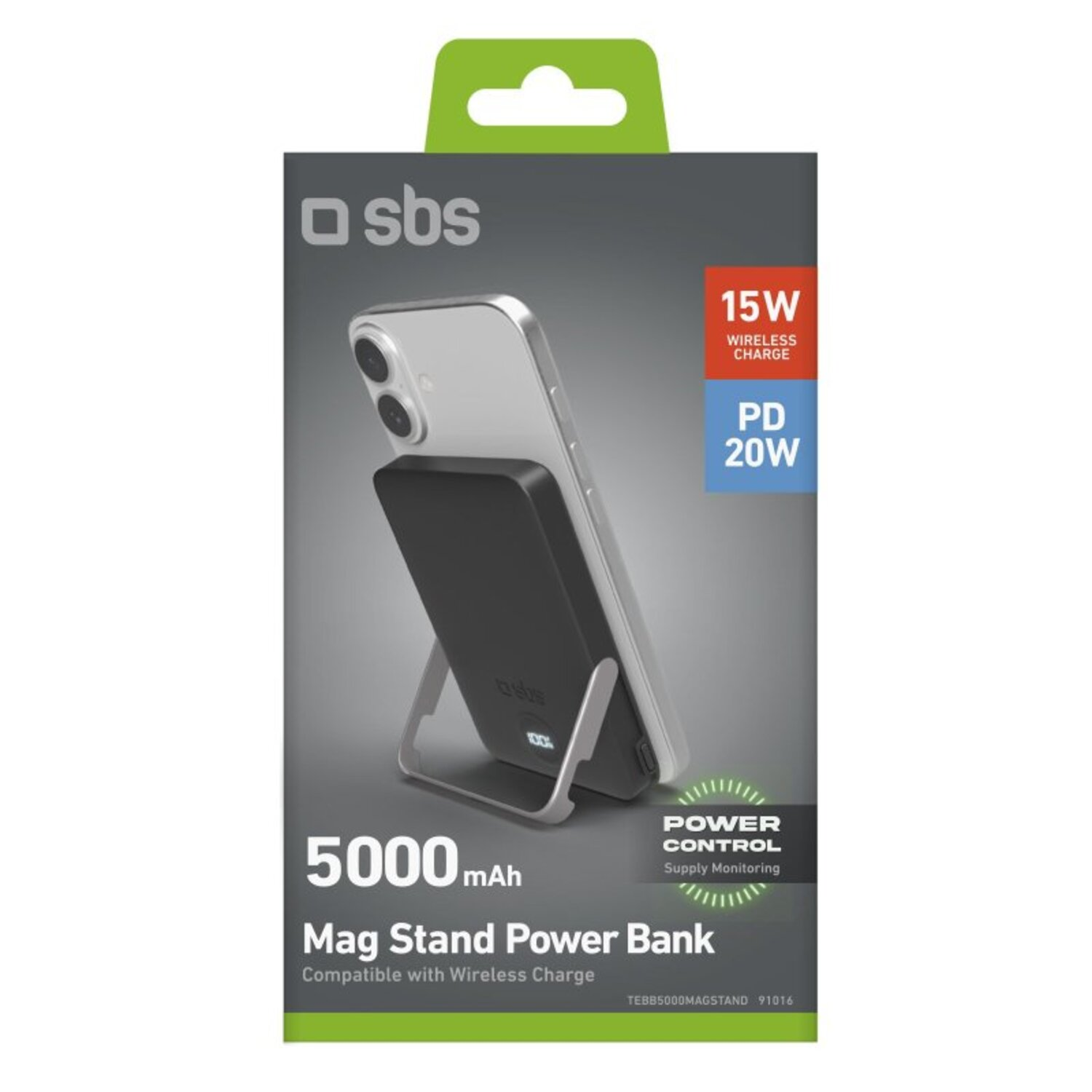 Batterie externe noire avec un téléphone dessus. La batterie a un support et la boîte a du texte.