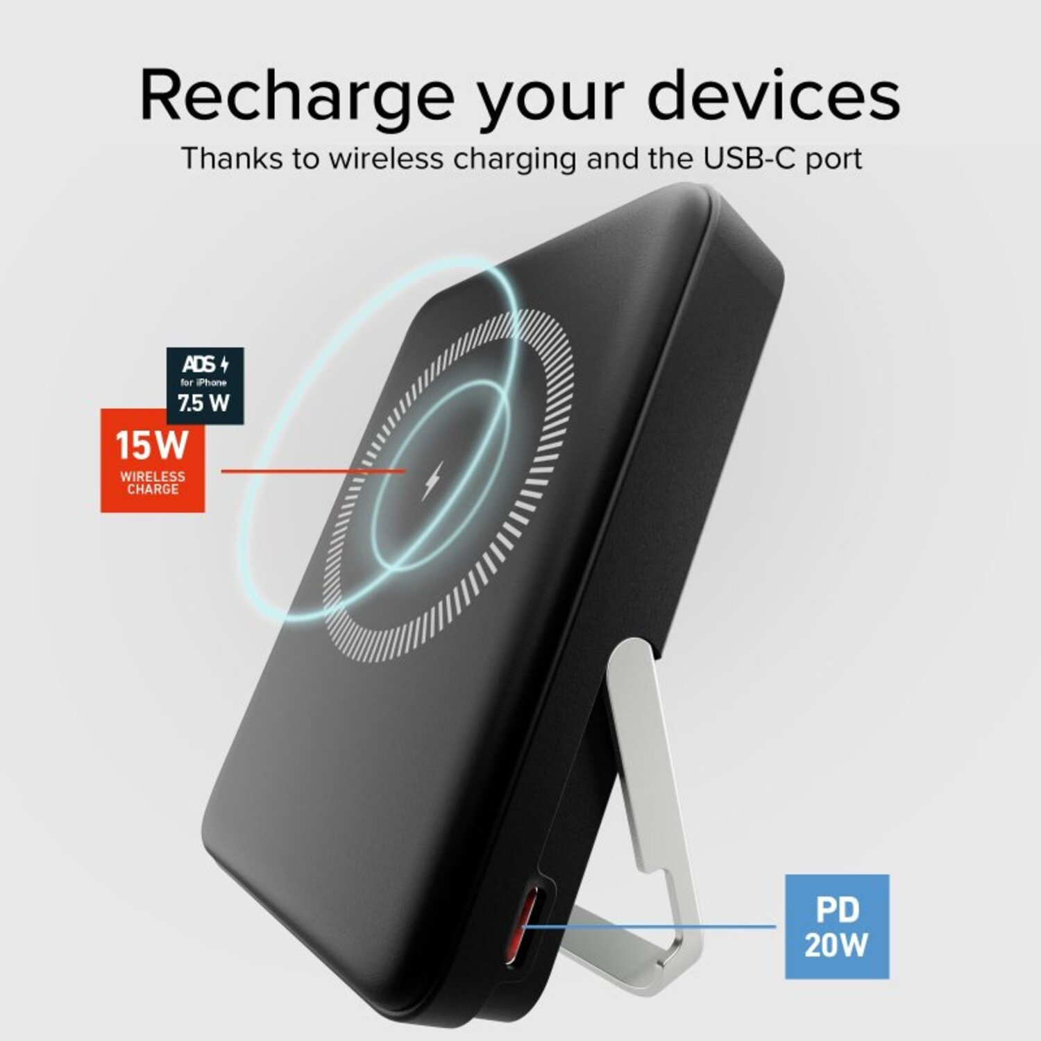 Chargeur sans fil noir avec indicateur. Texte : Rechargez vos appareils. Port USB-C et PD 20W.