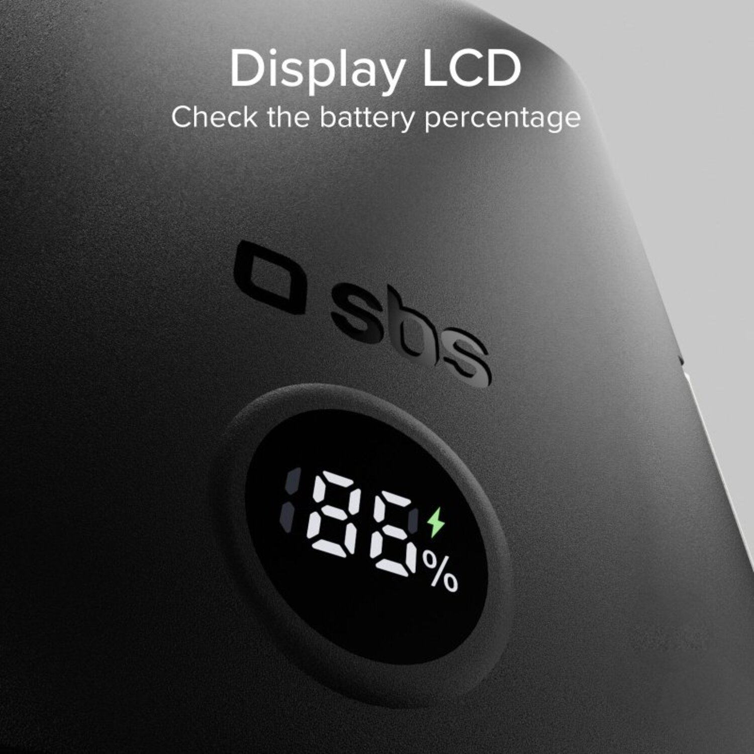 Appareil noir avec un écran LCD affichant 86% de batterie. Texte : 'Display LCD Check the battery percentage'.