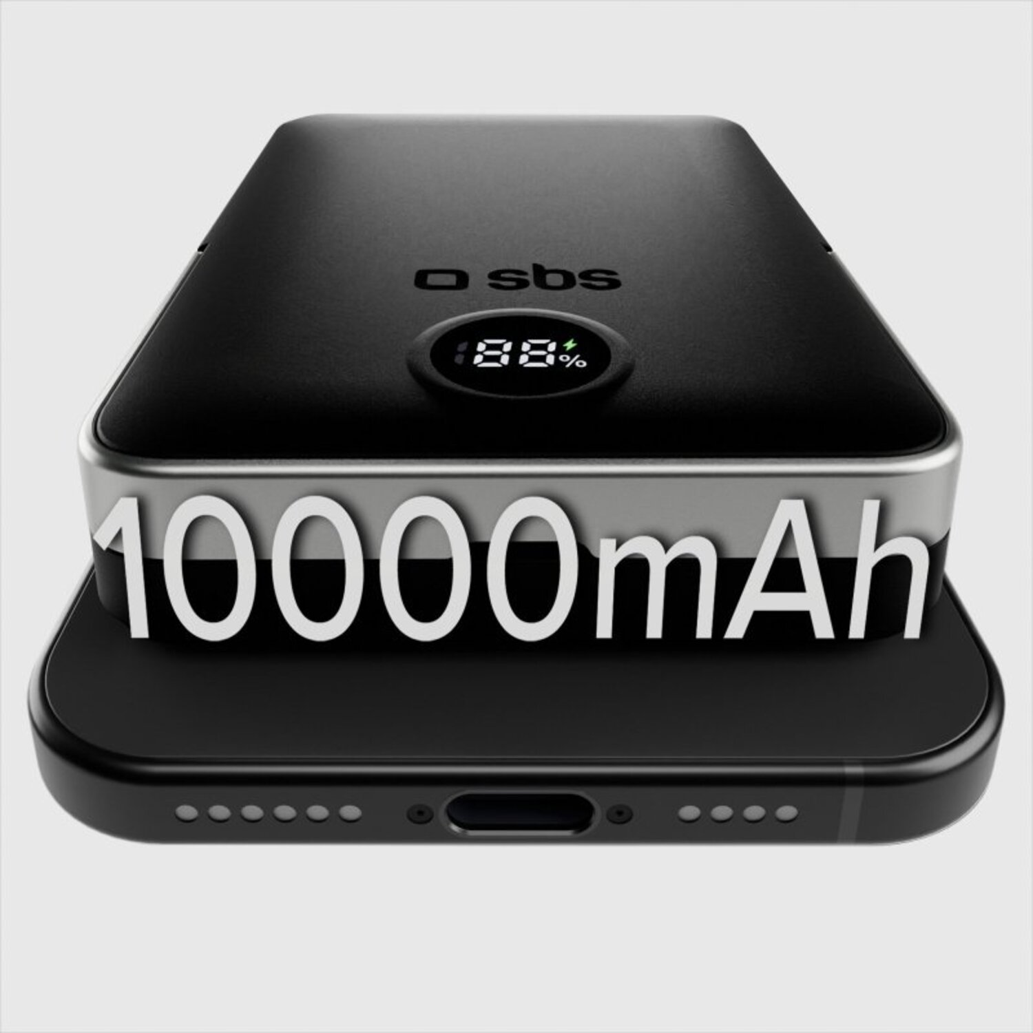 Chargeur portable noir et argenté avec un écran numérique affichant 88 %. L'étiquette indique 10000mAh.