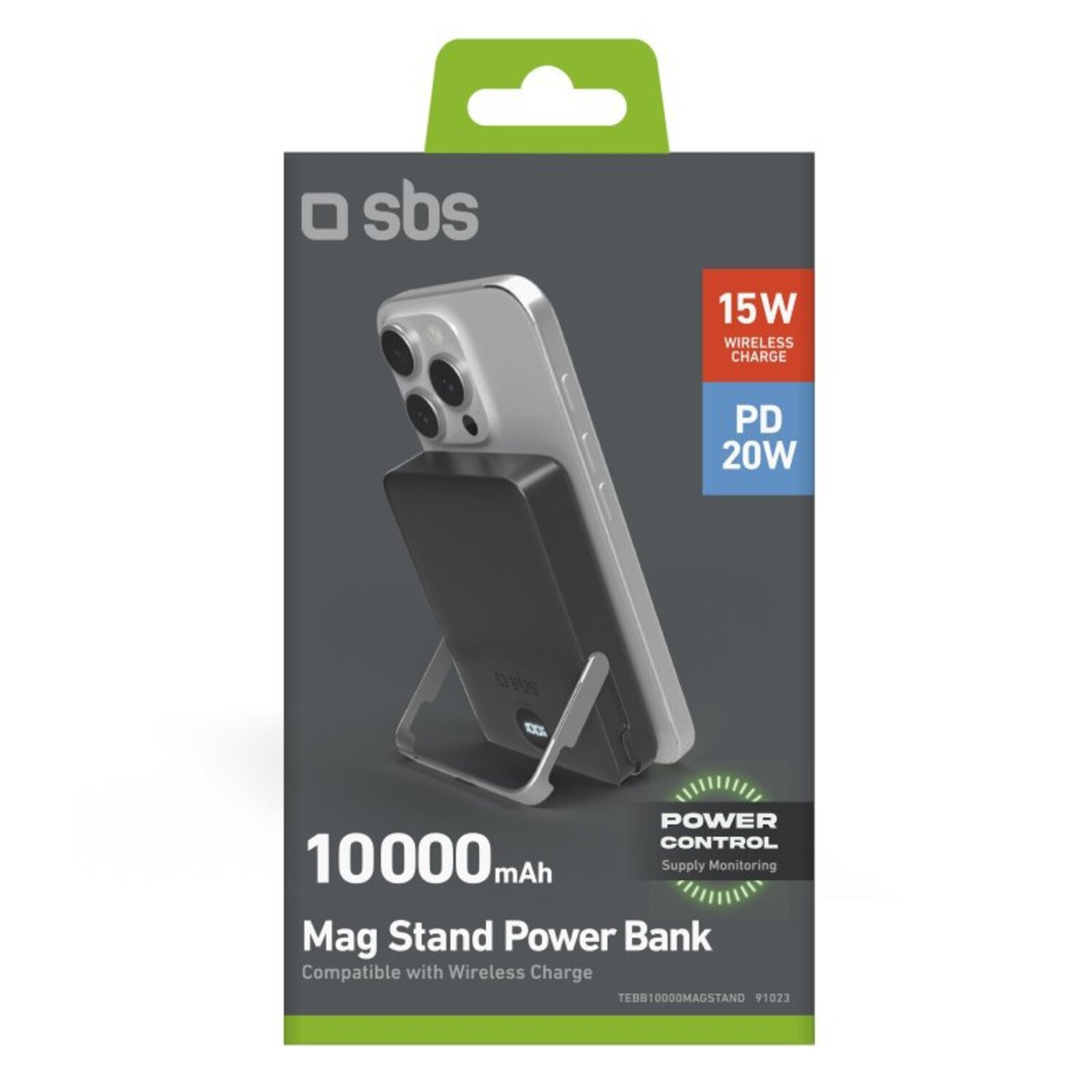 Une batterie externe noire avec un téléphone dessus et une boîte verte et noire.