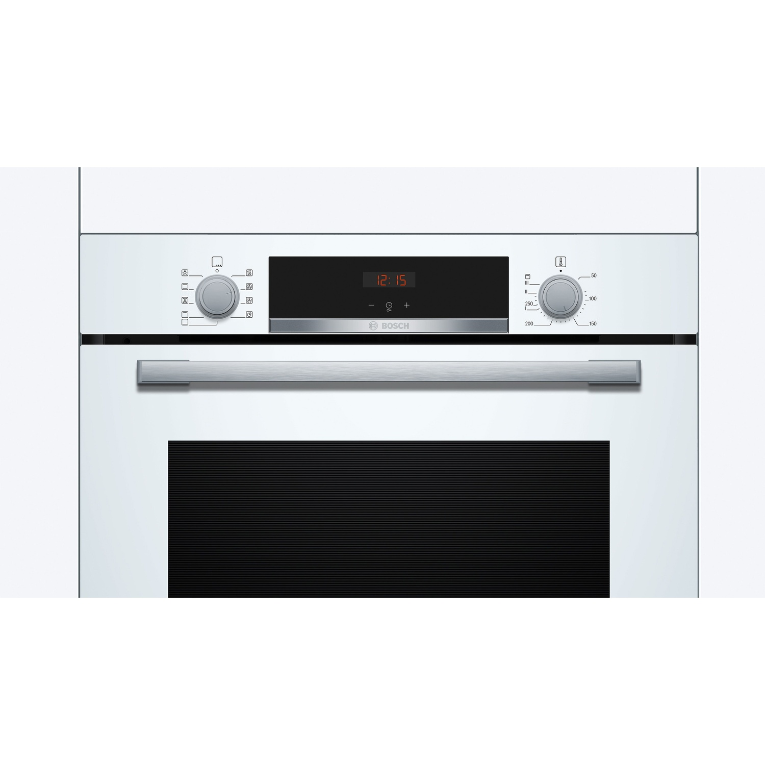 Forno a incasso bianco, con manopole e display digitale che mostra 12:15.