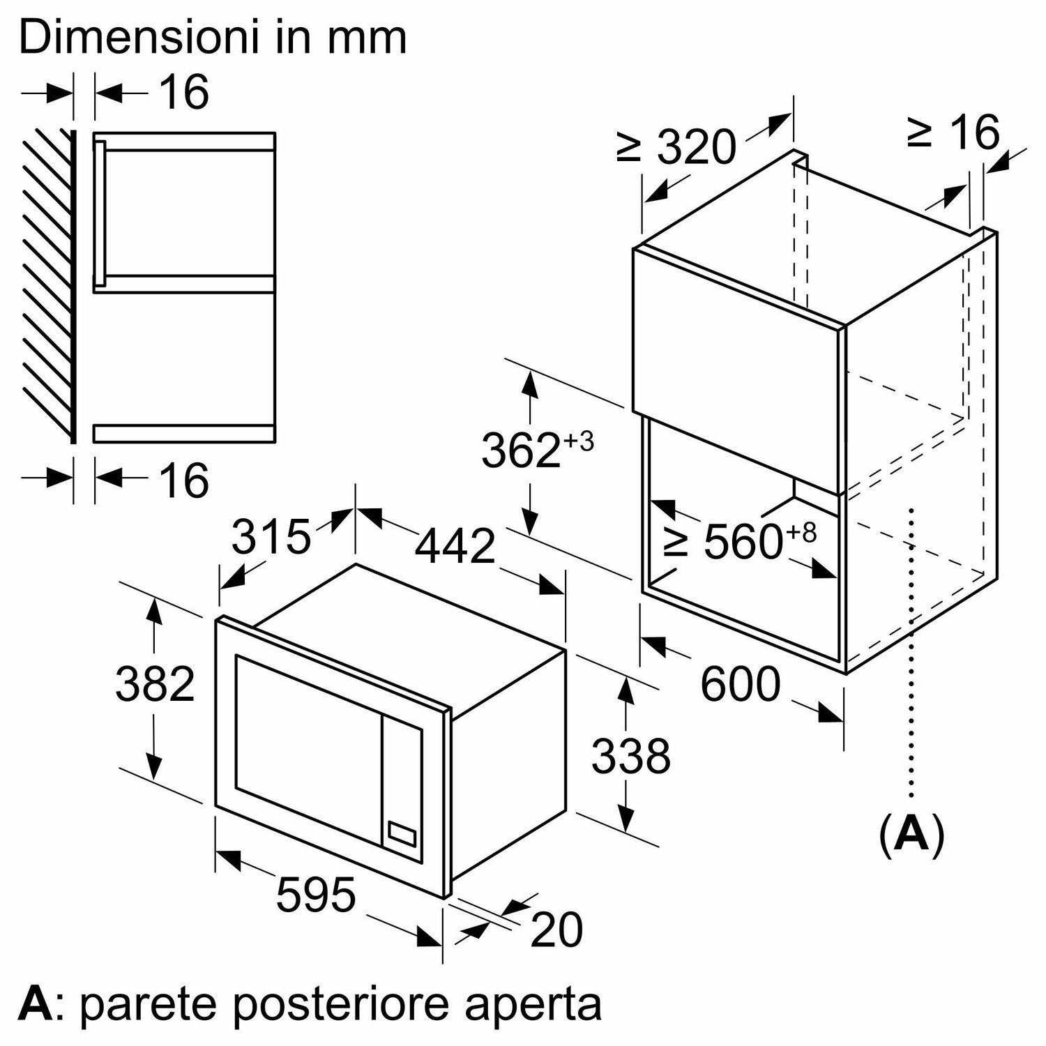 Diagramma che mostra le dimensioni di un forno a microonde in mm.