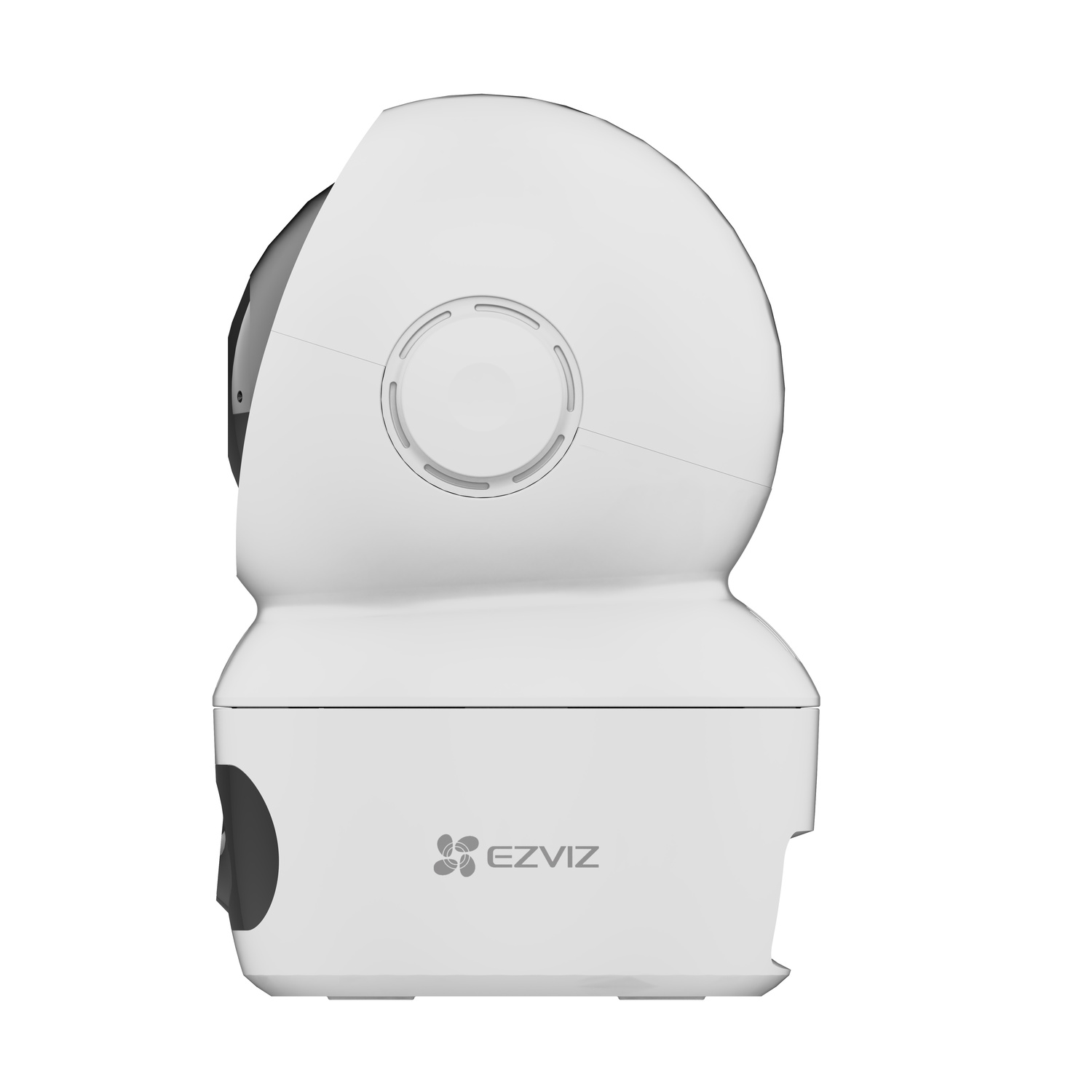 Telecamera di sicurezza bianca con parte superiore arrotondata e lente cilindrica nera. Presenta un logo EZVIZ.