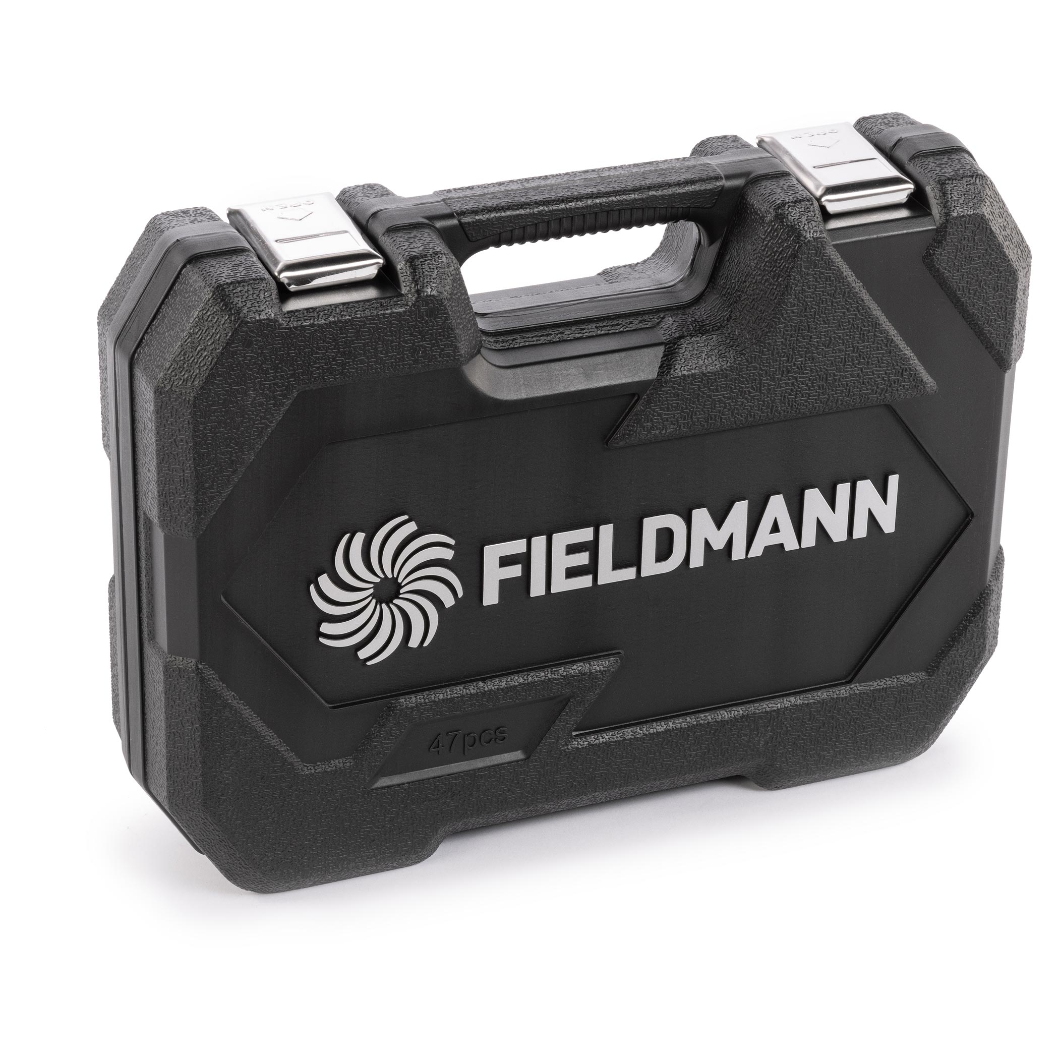 Egy fekete FIELDMANN szerszámosláda, fogantyúval és két ezüst csattal.