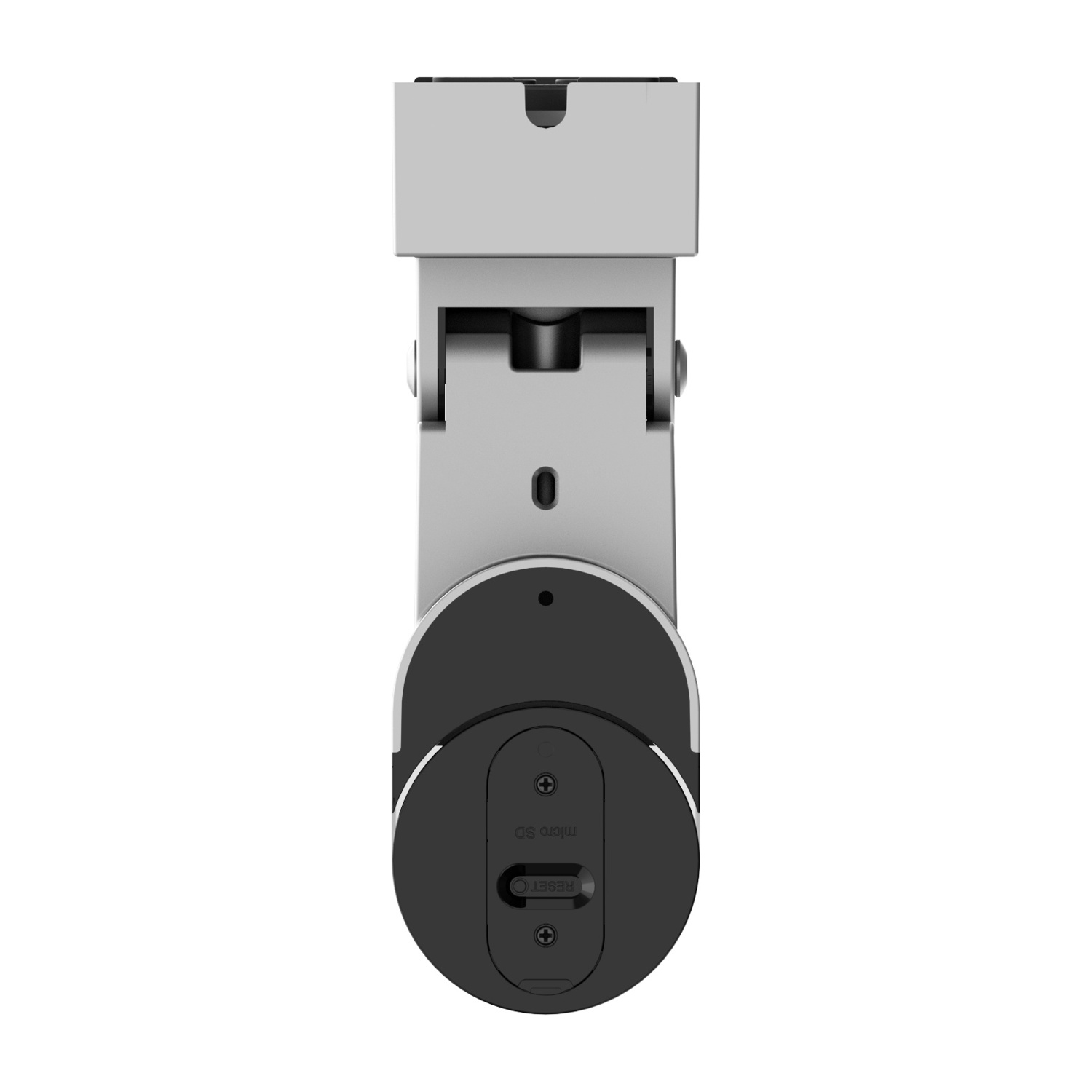 Telecamera di sicurezza argento e nera con slot per scheda micro SD.