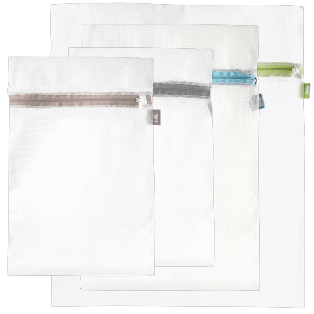 Juego de bolsas de malla blanca para lavar con cremalleras de colores.