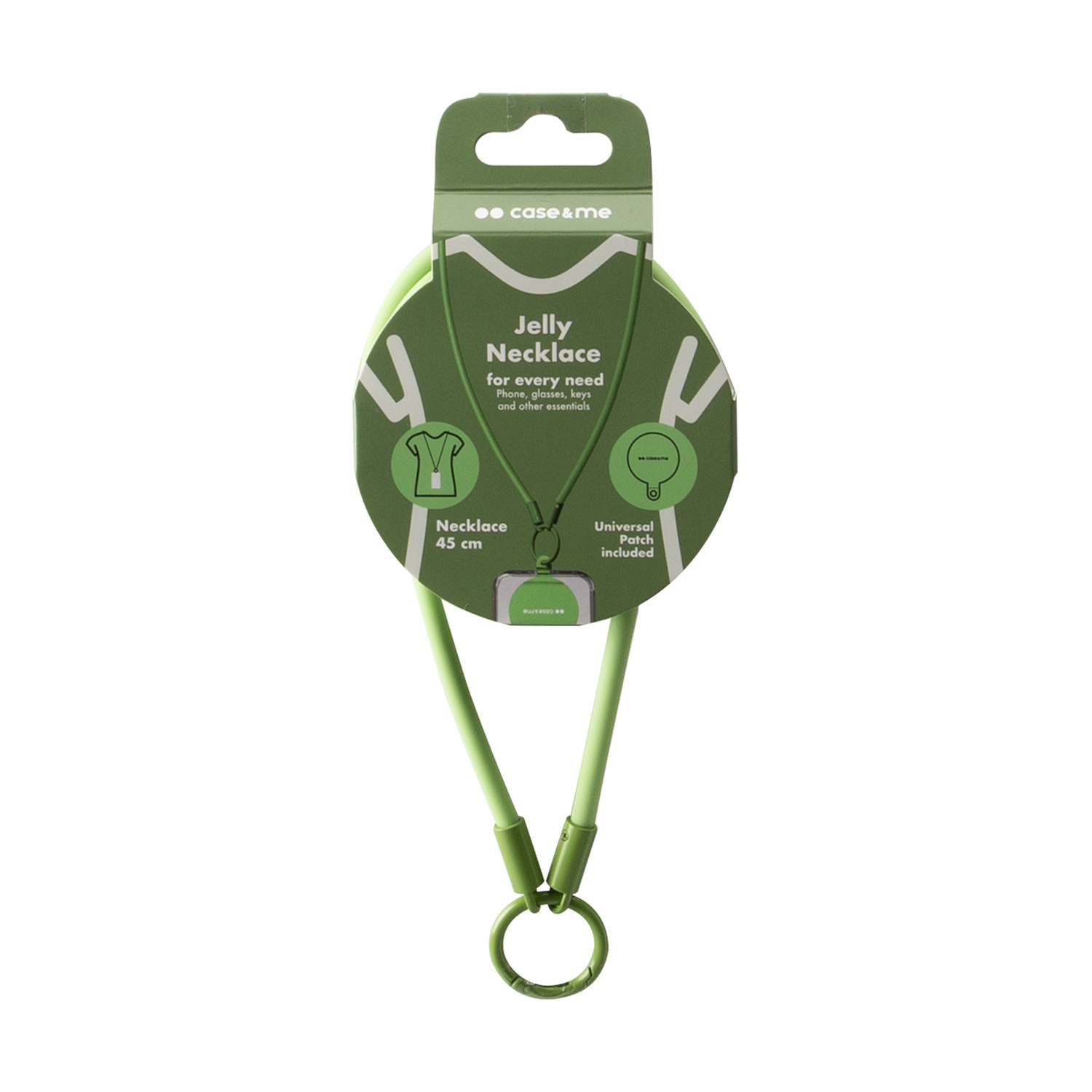 Confezione collana e supporto per telefono verde. Include una toppa universale.