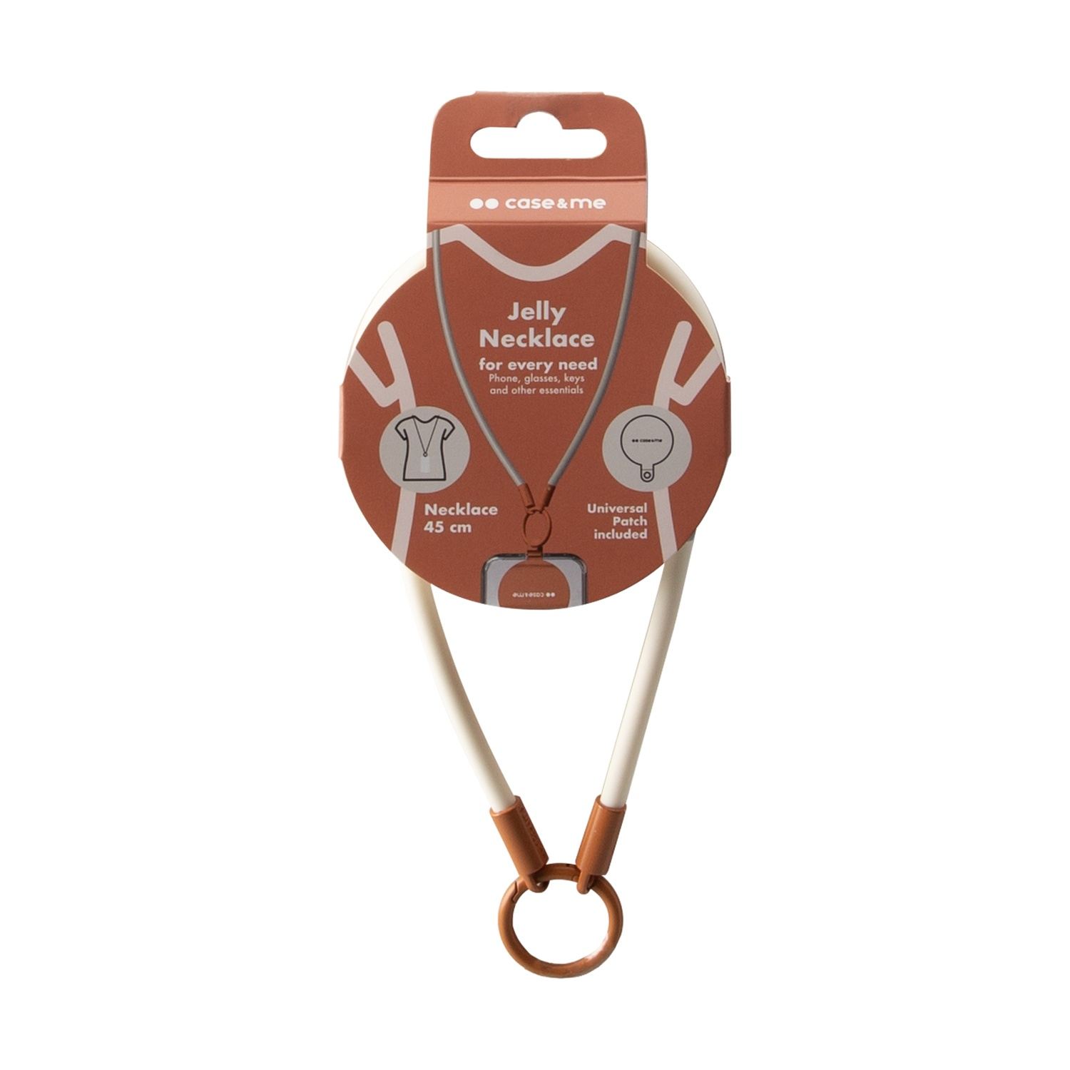 Una collana nella confezione. È bianca con dettagli marroni.