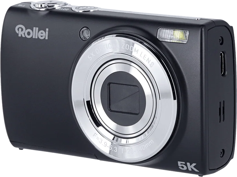 Appareil photo noir avec anneau argenté autour de l'objectif, marque 'Rollei'.