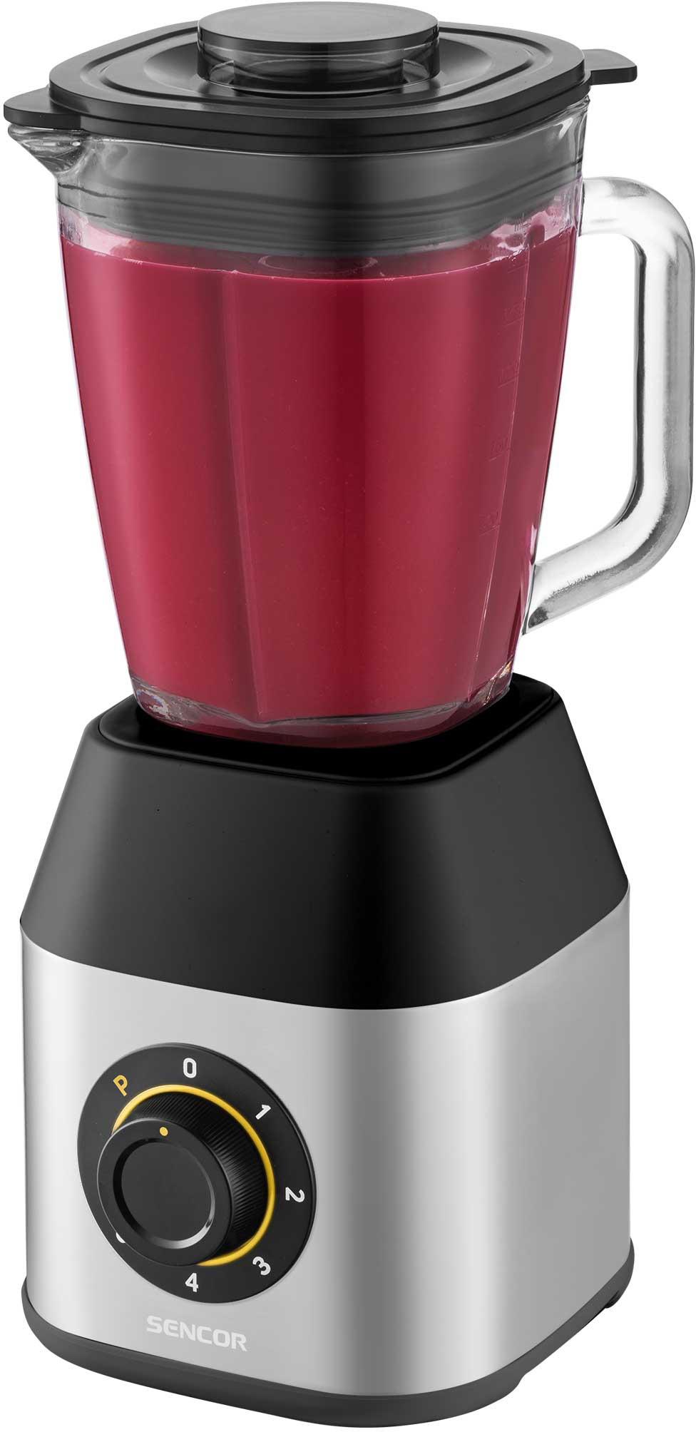 Egy turmixgép, tele piros smoothie-val.