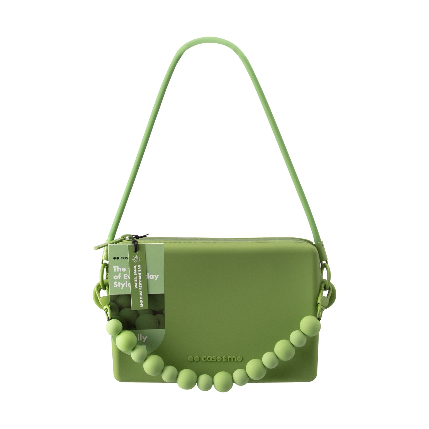 Borsa in silicone verde con una catena di perline verdi, sfondo bianco.