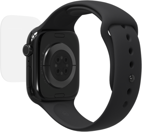 Fekete Apple Watch, hátulnézet, fekete szíjjal. Érzékelőket és töltési területet mutat.