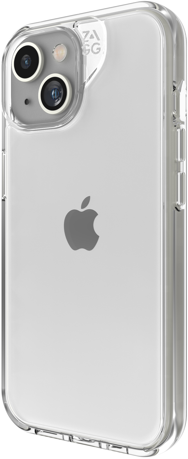 Átlátszó iPhone tok, az iPhone oldalnézetével. Az Apple logó látható.