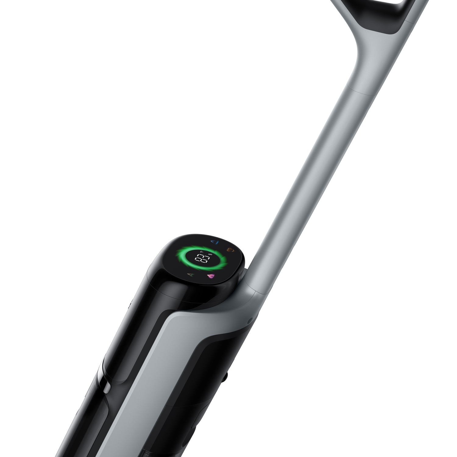 A vacuum cleaner with a screen displays a percentage. The handle is gray.