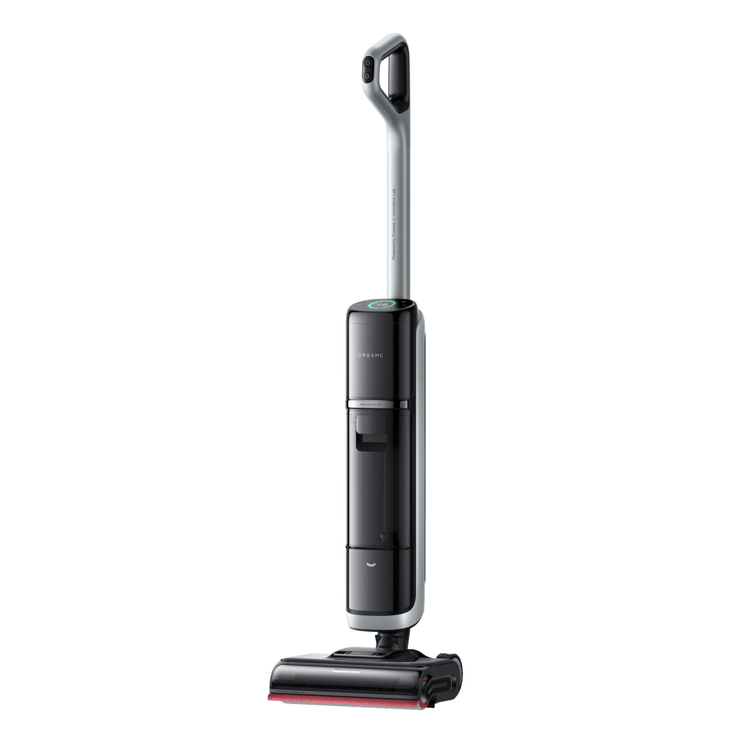A black and silver upright vacuum cleaner on a white background.
