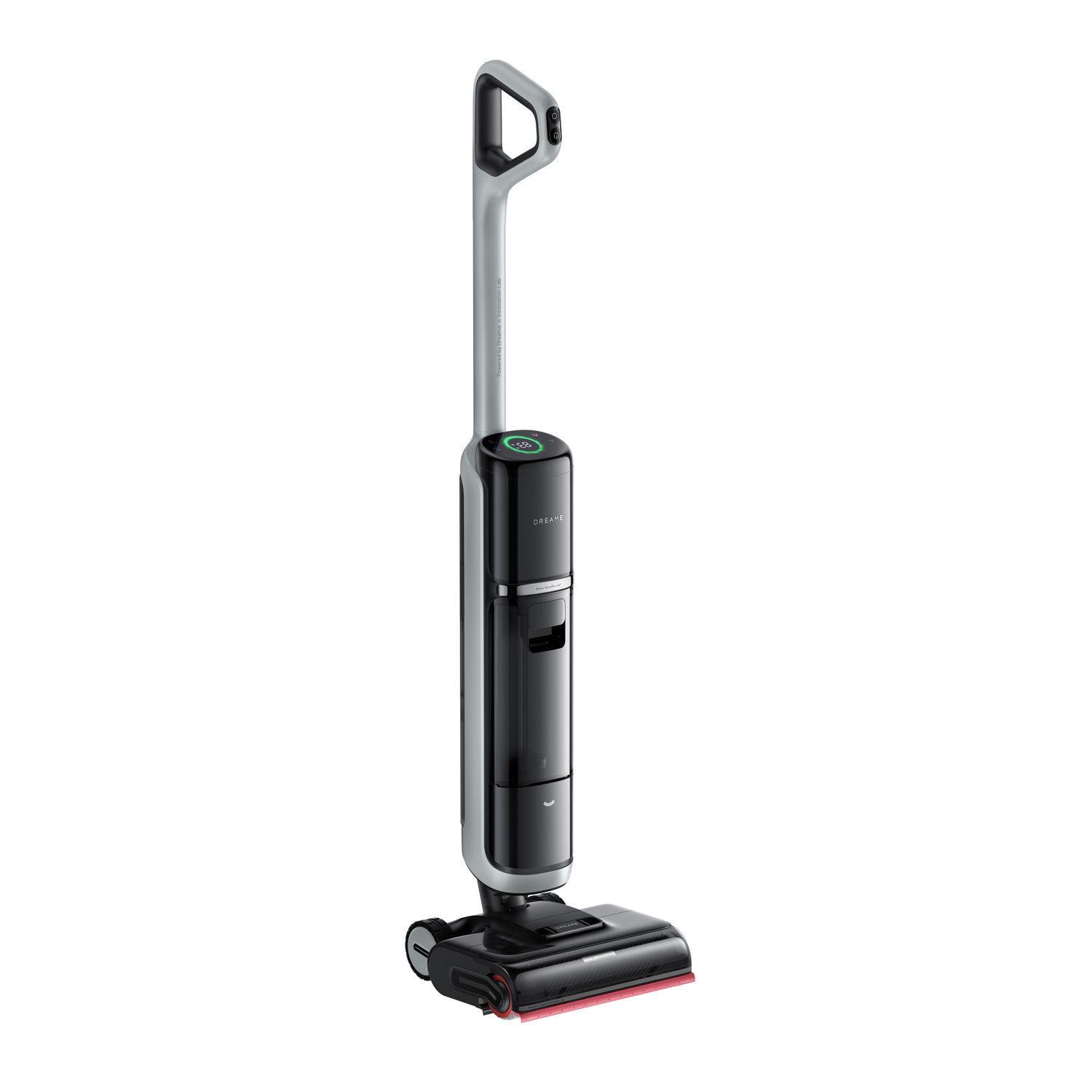 A black and gray cordless vacuum cleaner upright. The vacuum is standing on a white floor.