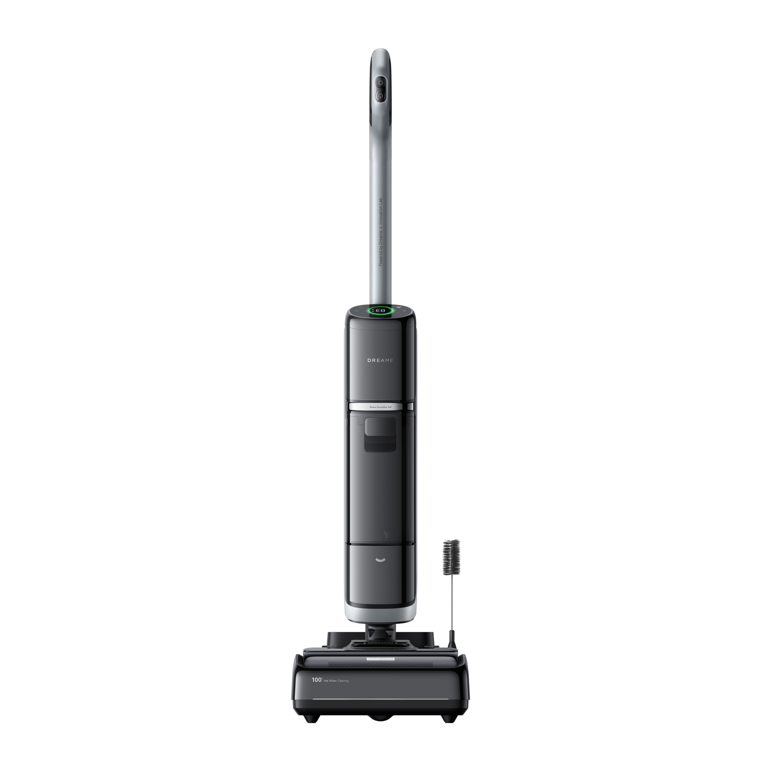 Black and grey upright vacuum cleaner, green power button.