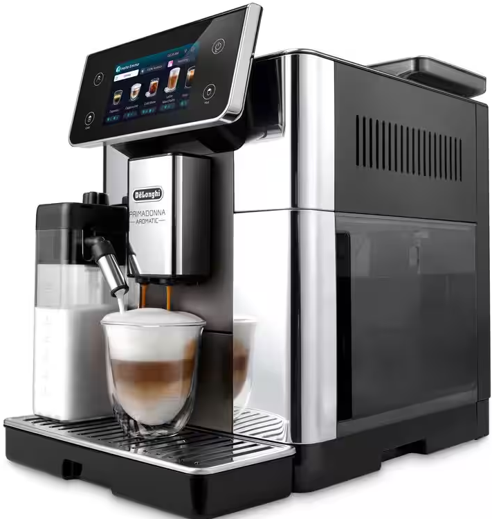Macchina per caffè che prepara un latte in un bicchiere. Ha un touchscreen.