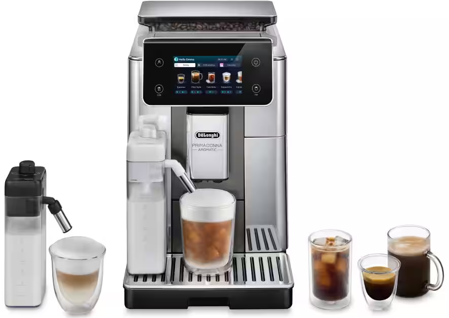 Una macchina da caffè argento e nera con varie bevande al caffè.