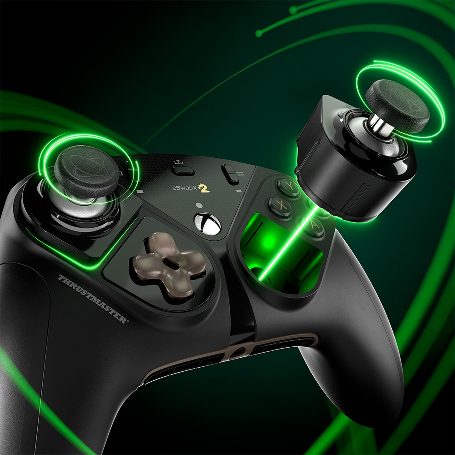 Ein schwarzer Gaming-Controller mit grünen Lichtern und abnehmbaren Komponenten.