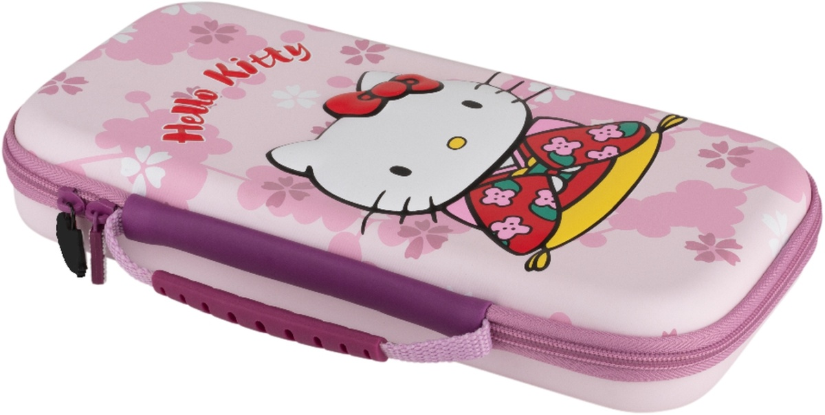 Un étui rose Hello Kitty avec une image de Hello Kitty et un motif de fleurs.