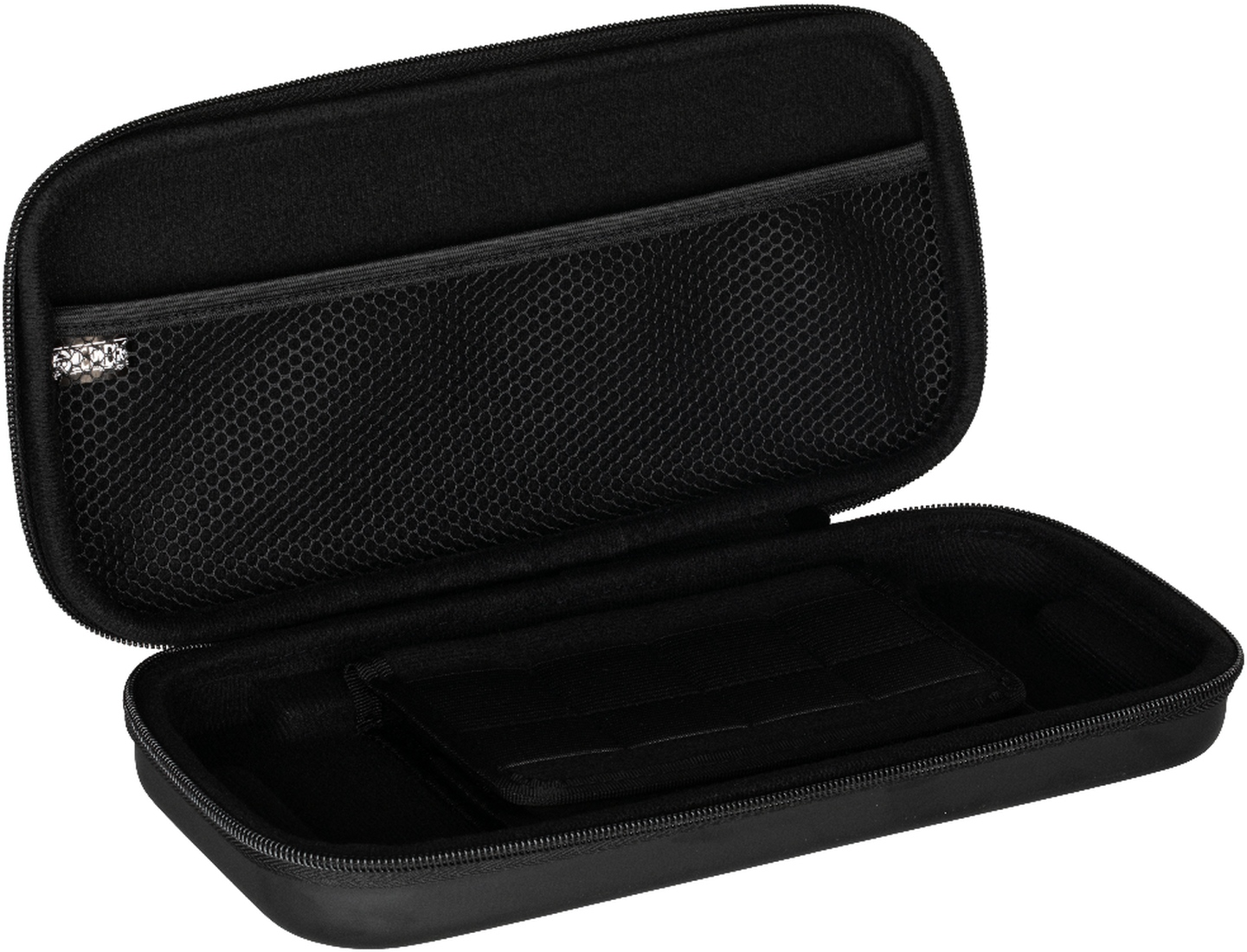 Custodia nera aperta per una console portatile.