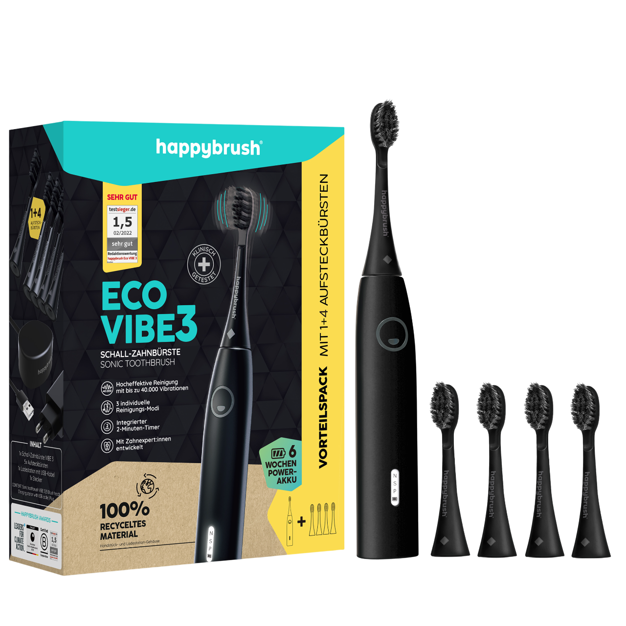 Schwarze happybrush Eco Vibe3 Schallzahnbürste. Mit mehreren Bürstenköpfen.