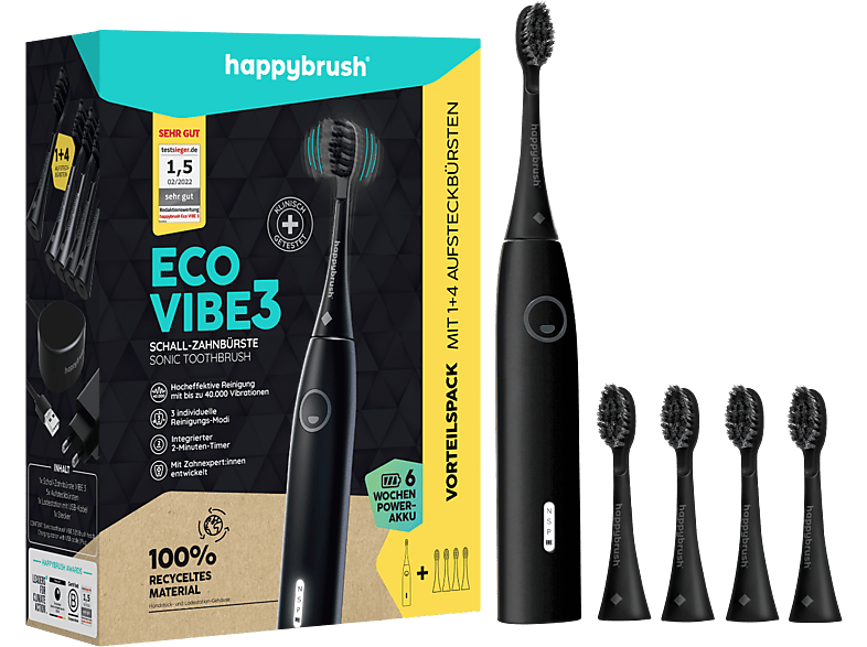 happybrush ECO VIBE 3 Starterkit Elektrische Schallzahnbürste + 4 Aufsteckbürsten Allblack