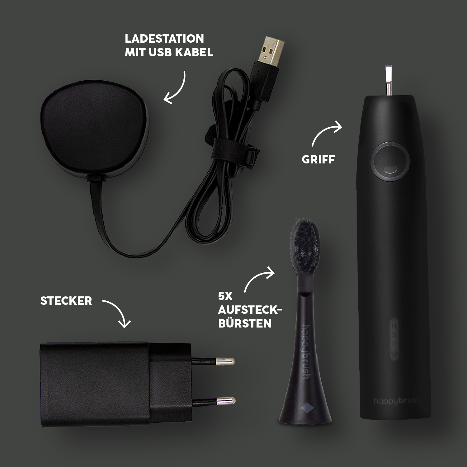 Schwarze Zahnbürstenkomponenten: Ladegerät, Stecker, 5 Bürstenköpfe und der Griff. Etiketten zeigen darauf.
