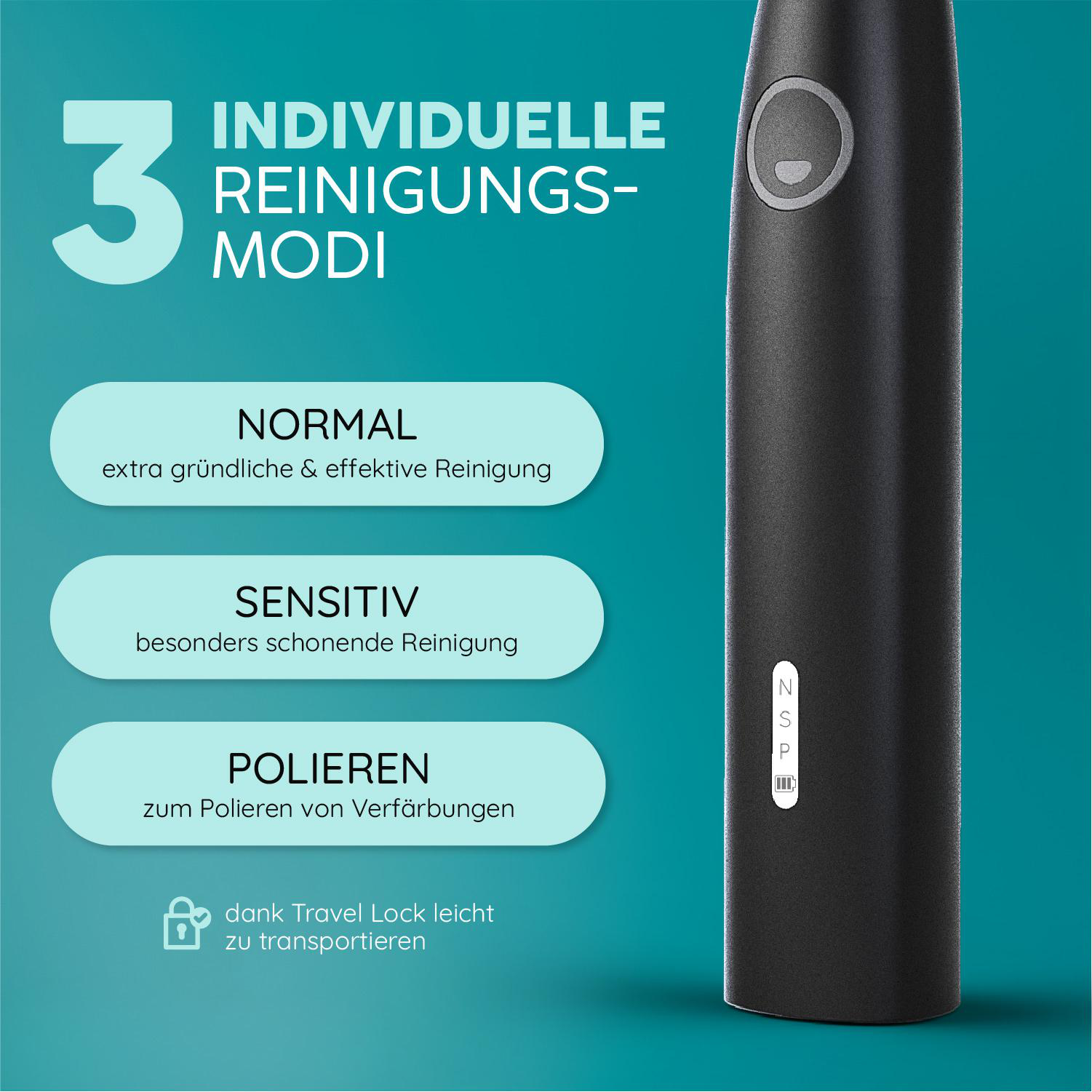 Eine schwarze elektrische Zahnbürste mit Text, der Reinigungsmodi beschreibt. Die Zahnbürste befindet sich auf türkisfarbenem Hintergrund.