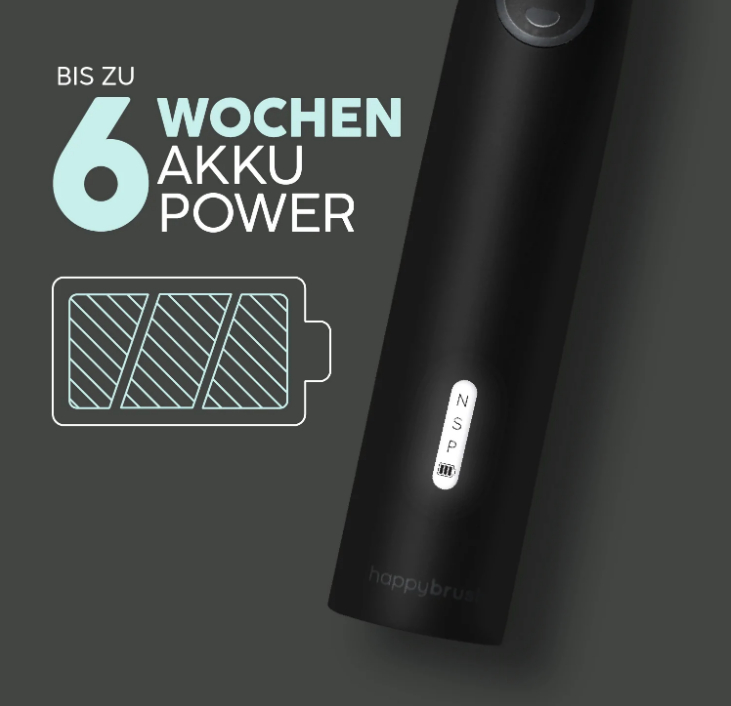 Schwarze elektrische Zahnbürste mit Text: 6 Wochen Akkulaufzeit, und ein Batteriesymbol.