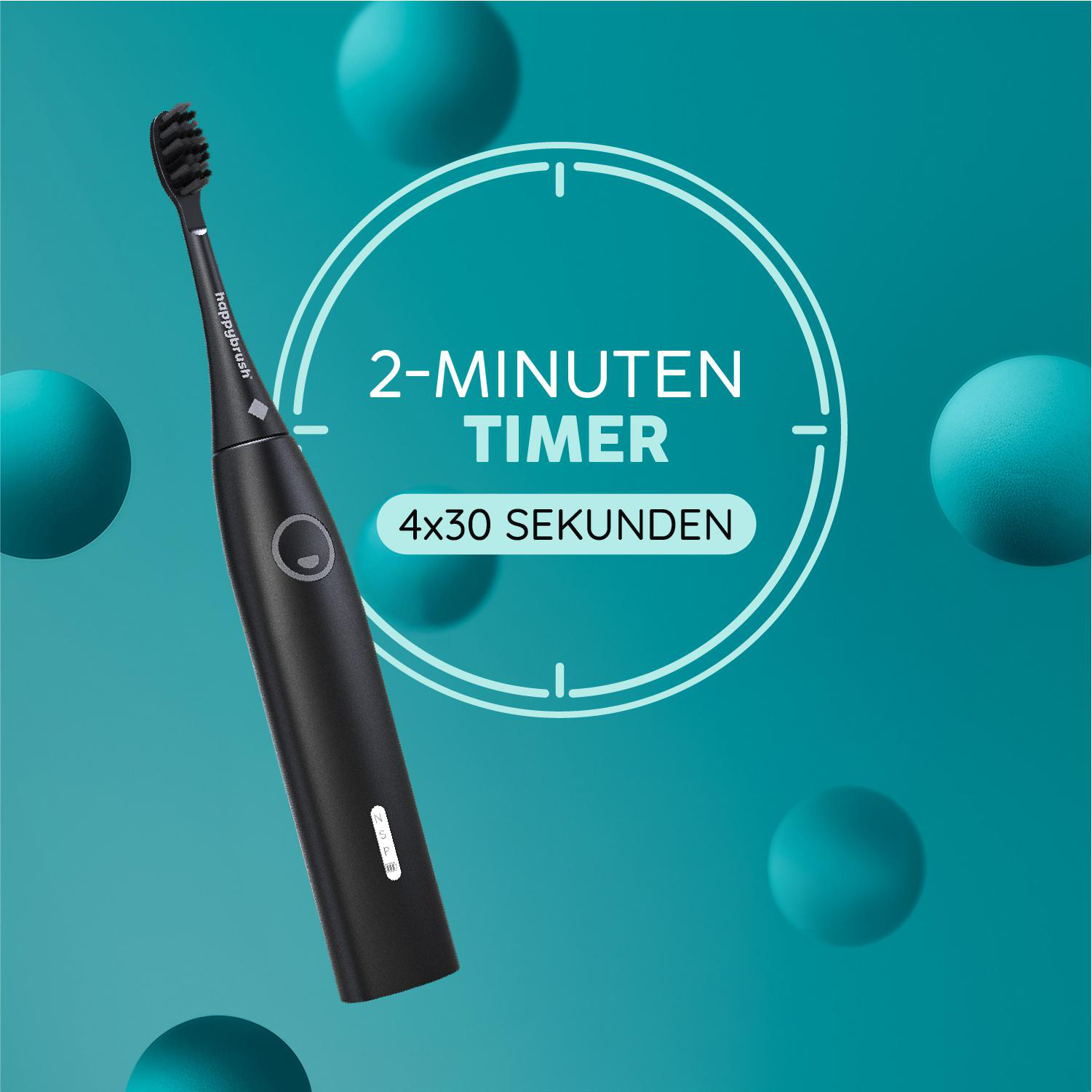 Schwarze elektrische Zahnbürste mit schwarzen Borsten, umgeben von blauen Kugeln. Timer vorhanden.