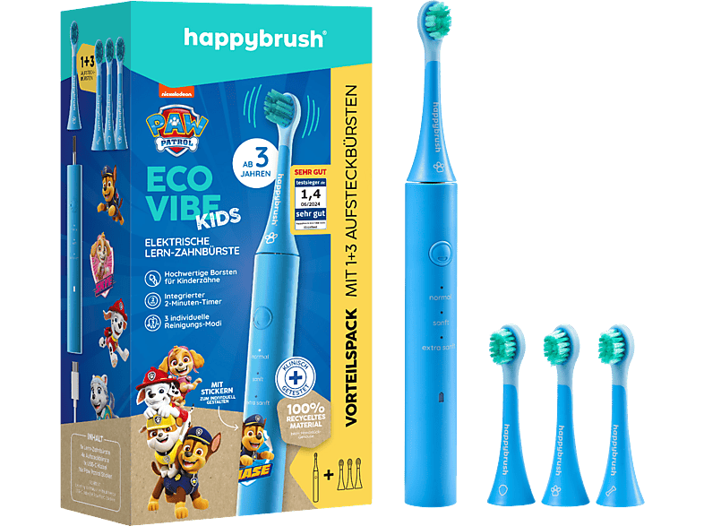 happybrush happybrush ECO VIBE kids Paw Patrol Rotierende Zahnbürste + 3 Aufsteckbürsten Blau