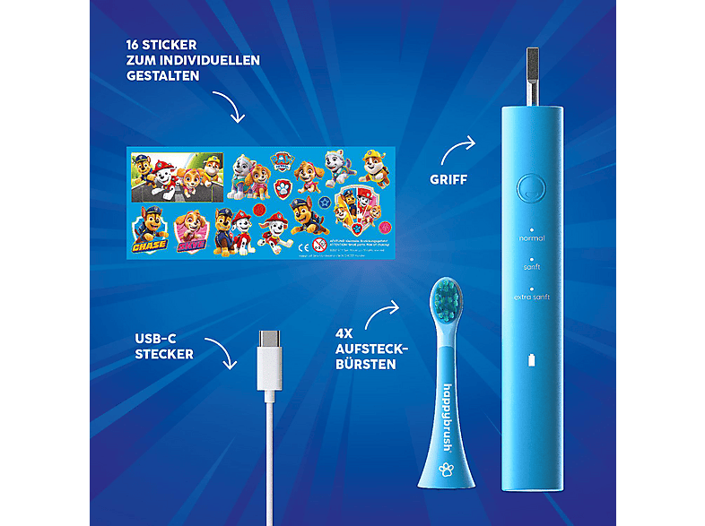 happybrush happybrush ECO VIBE kids Paw Patrol Rotierende Zahnbürste + 3 Aufsteckbürsten Blau — Foto 2 von 5