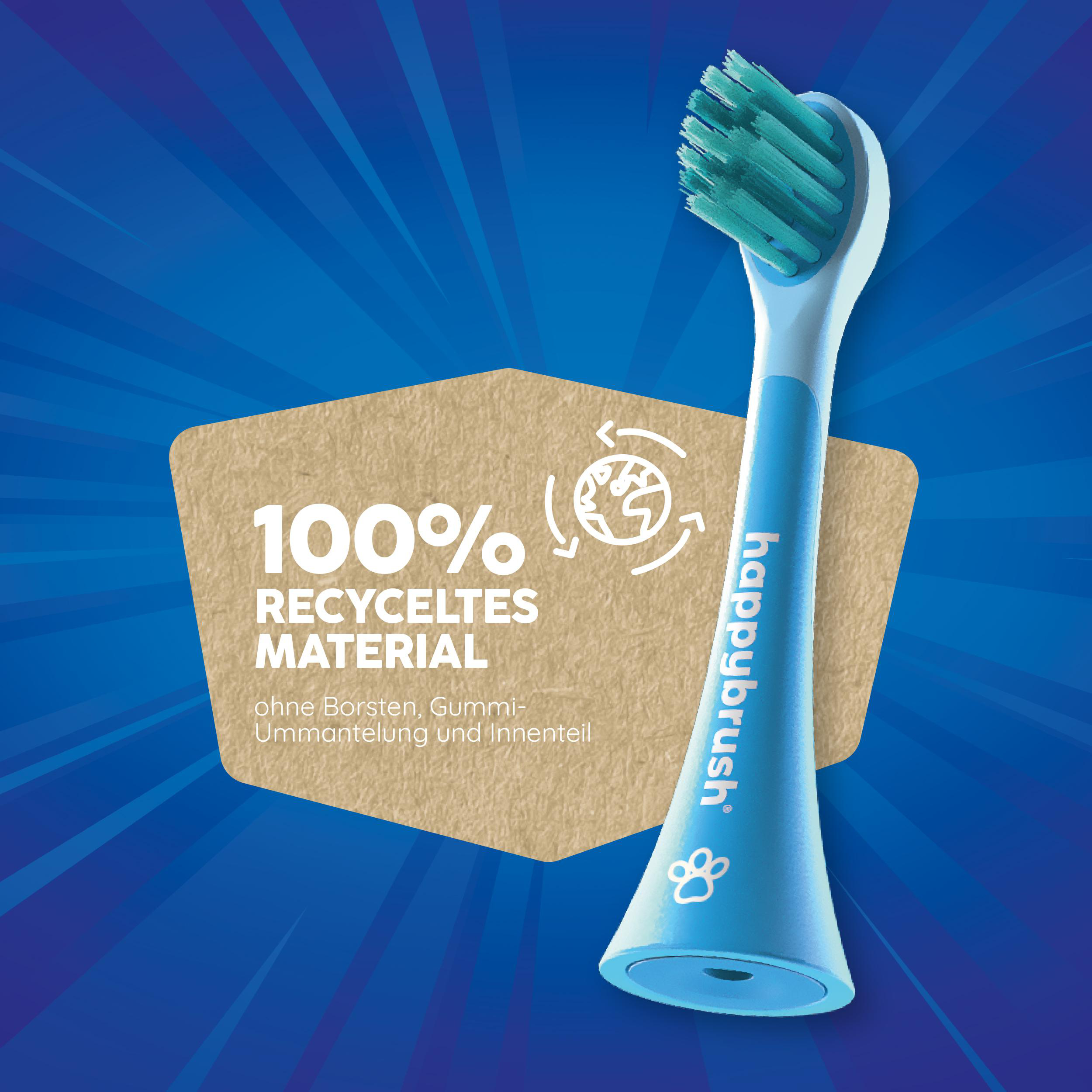 Ein blauer Zahnbürstenkopf mit einem Etikett für recyceltes Material.