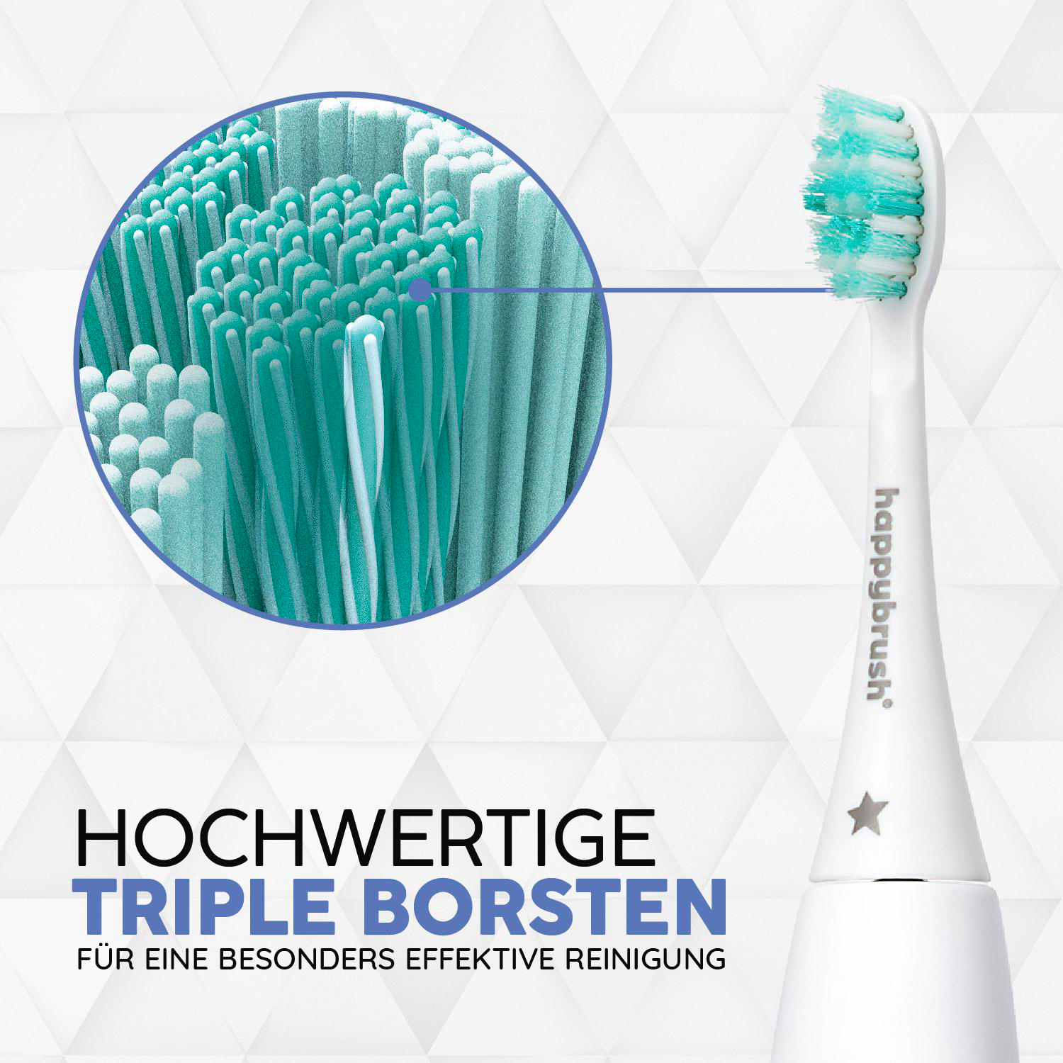 Nahaufnahme eines Zahnbürstenkopfes. Die Borsten sind grün, und der Griff ist weiß. Die Marke ist Happybrush.