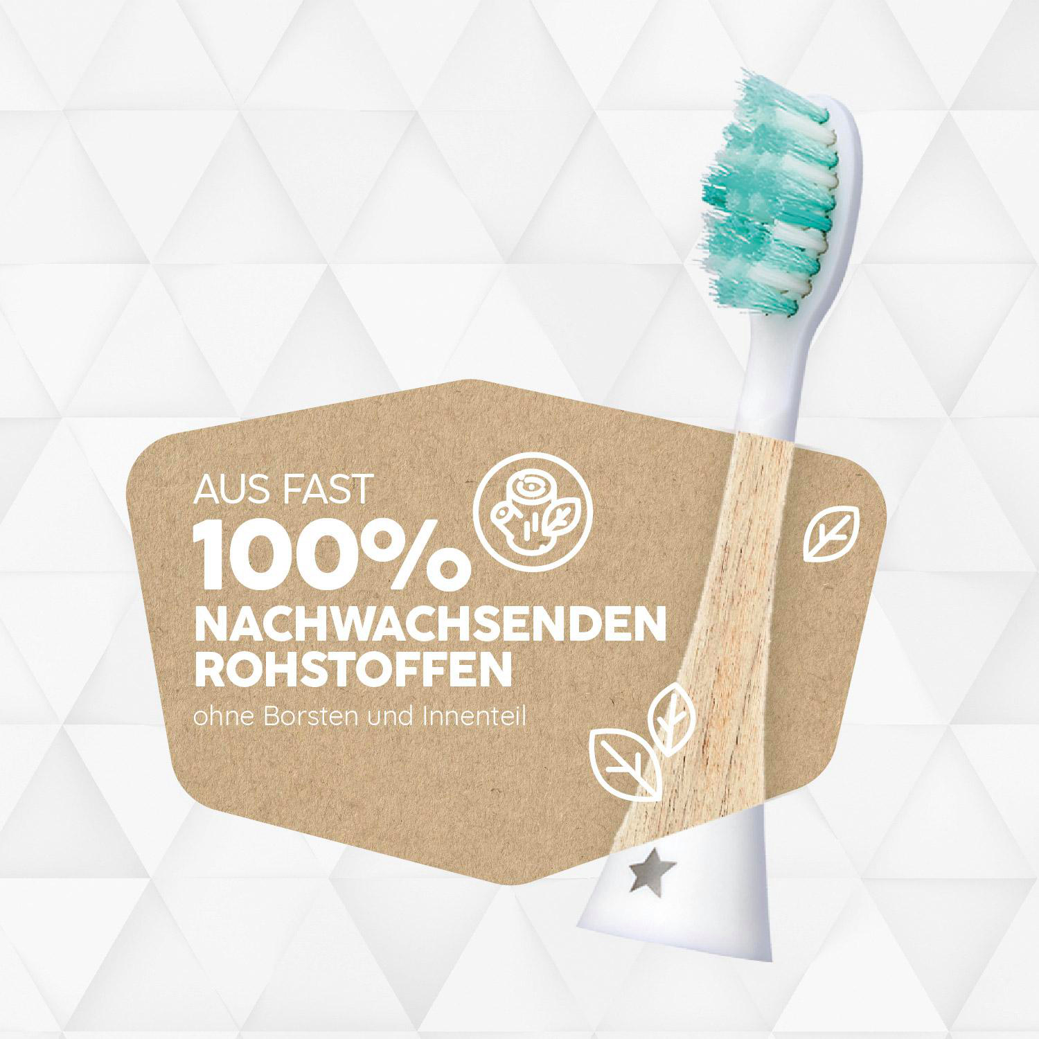 Eine Zahnbürste mit Holzgriff und grünen Borsten, vor einem geometrischen Hintergrund.
