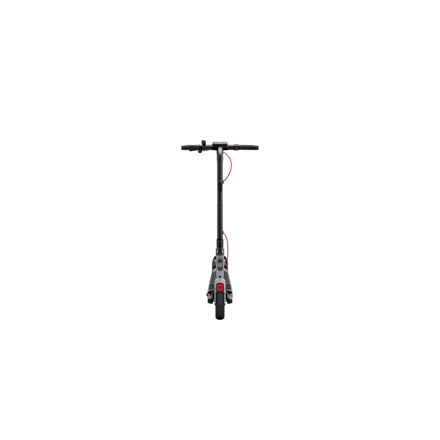 Une trottinette électrique, noire et rouge, vue de dos.