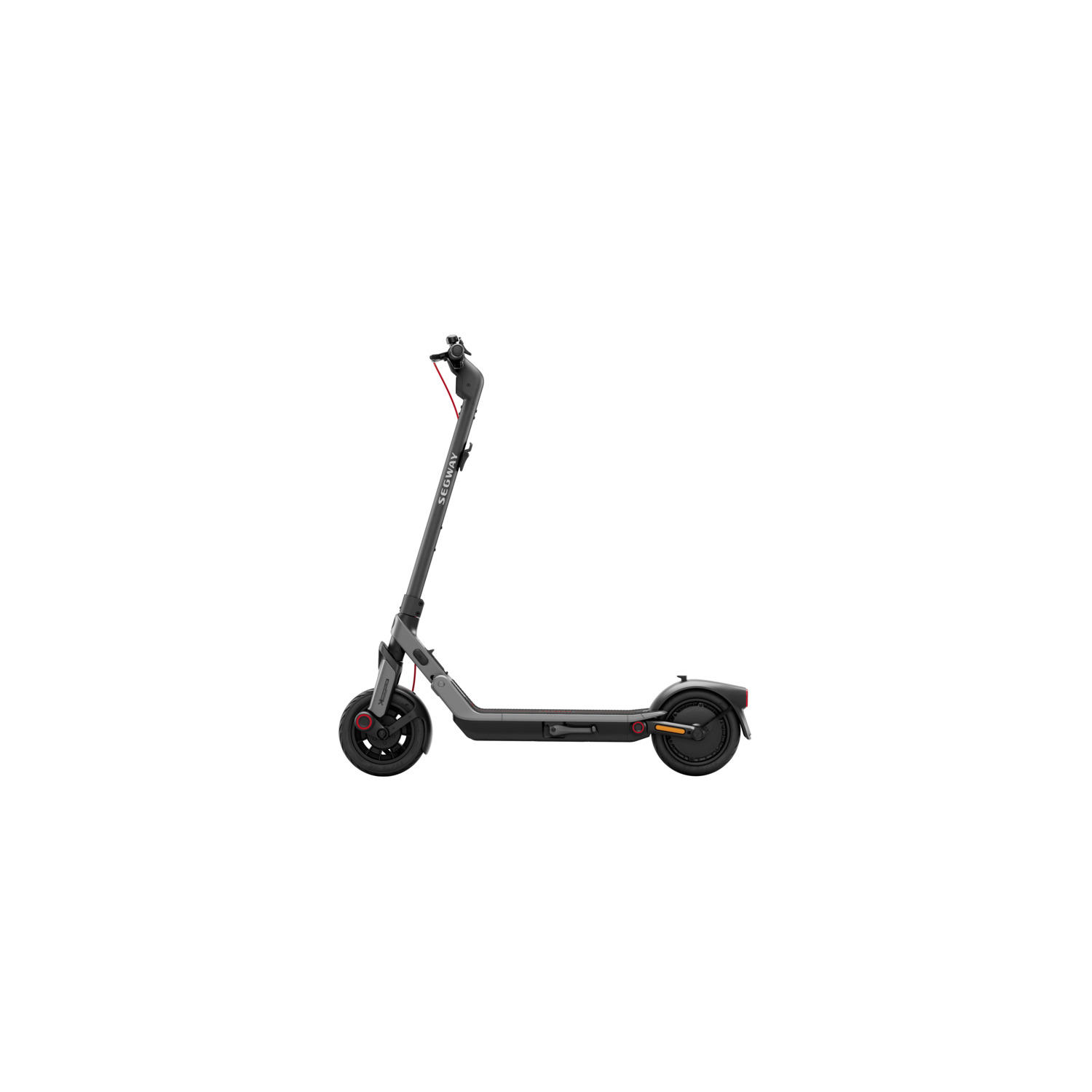 Une trottinette électrique sur fond blanc. Elle est grise et noire.