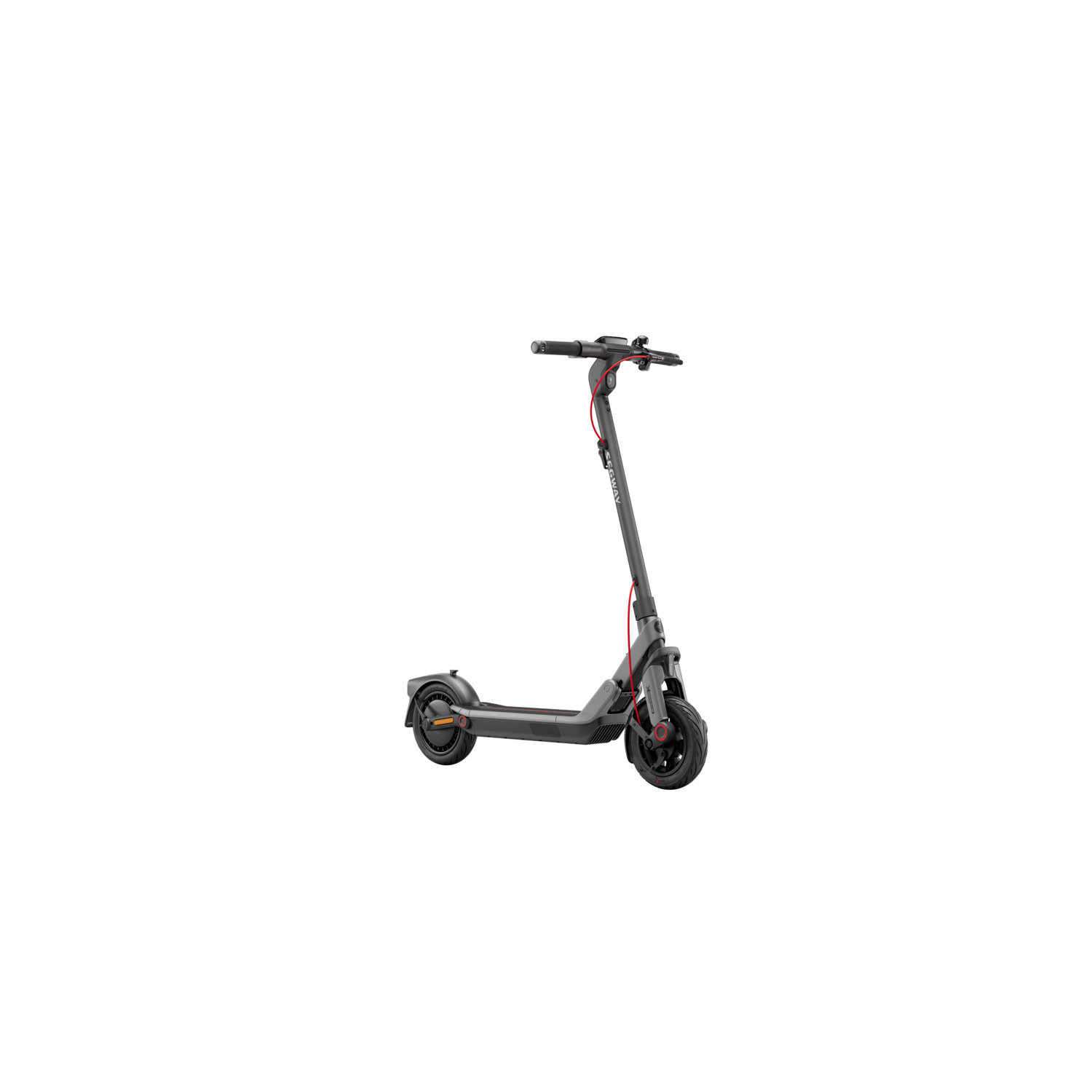 Trottinette électrique noire et grise sur fond blanc. Détails rouges.