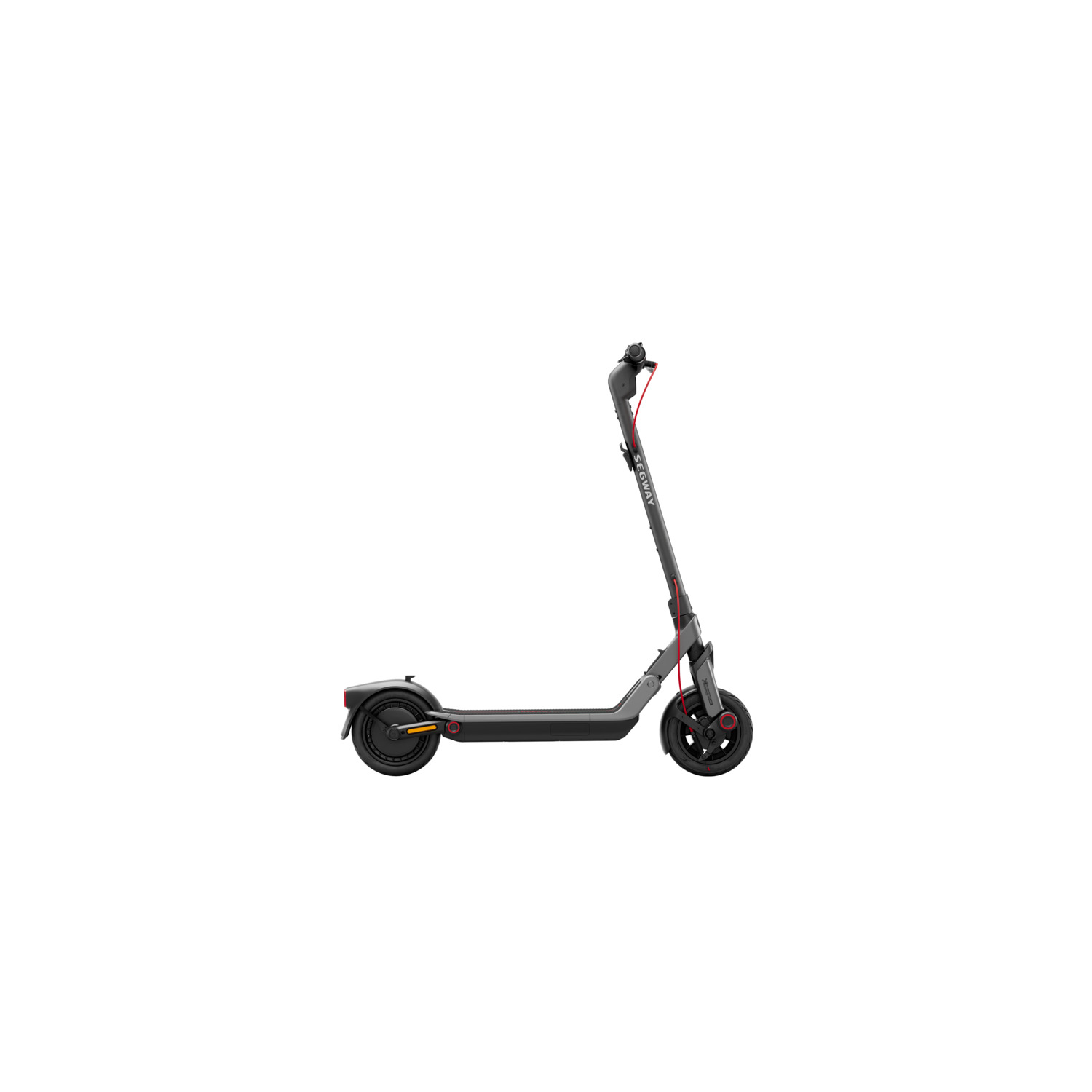 Trottinette électrique Segway noire et rouge. Accents rouges. Fond blanc.